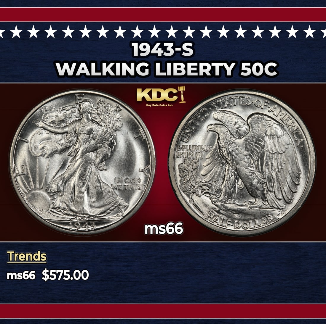 1943-s Walking Liberty Half Dollar 50c Grades ms66: 1943-s Walking Liberty Half Dollar 50c Grades ms66. Historic precious metal trends is causing increased spot pricing by the day. On auctions with set openings, we are doing our best to have items pric