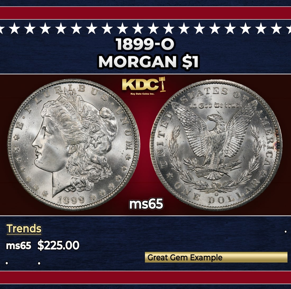 1899-o Morgan Dollar $1 Grades ms65: 1899-o Morgan Dollar $1 Grades ms65. Historic precious metal trends is causing increased spot pricing by the day. On auctions with set openings, we are doing our best to have items priced at their mar