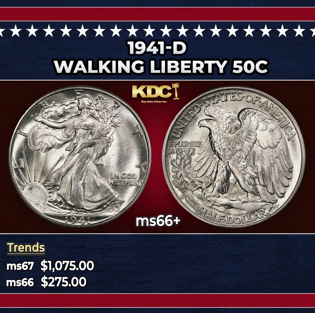 1941-d Walking Liberty Half Dollar 50c ms66+ SEGS: 1941-d Walking Liberty Half Dollar 50c ms66+ SEGS. Historic precious metal trends is causing increased spot pricing by the day. On auctions with set openings, we are doing our best to have items price