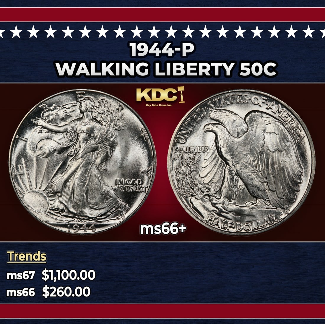 1944-p Walking Liberty Half Dollar 50c ms66+ SEGS (1 of 3)