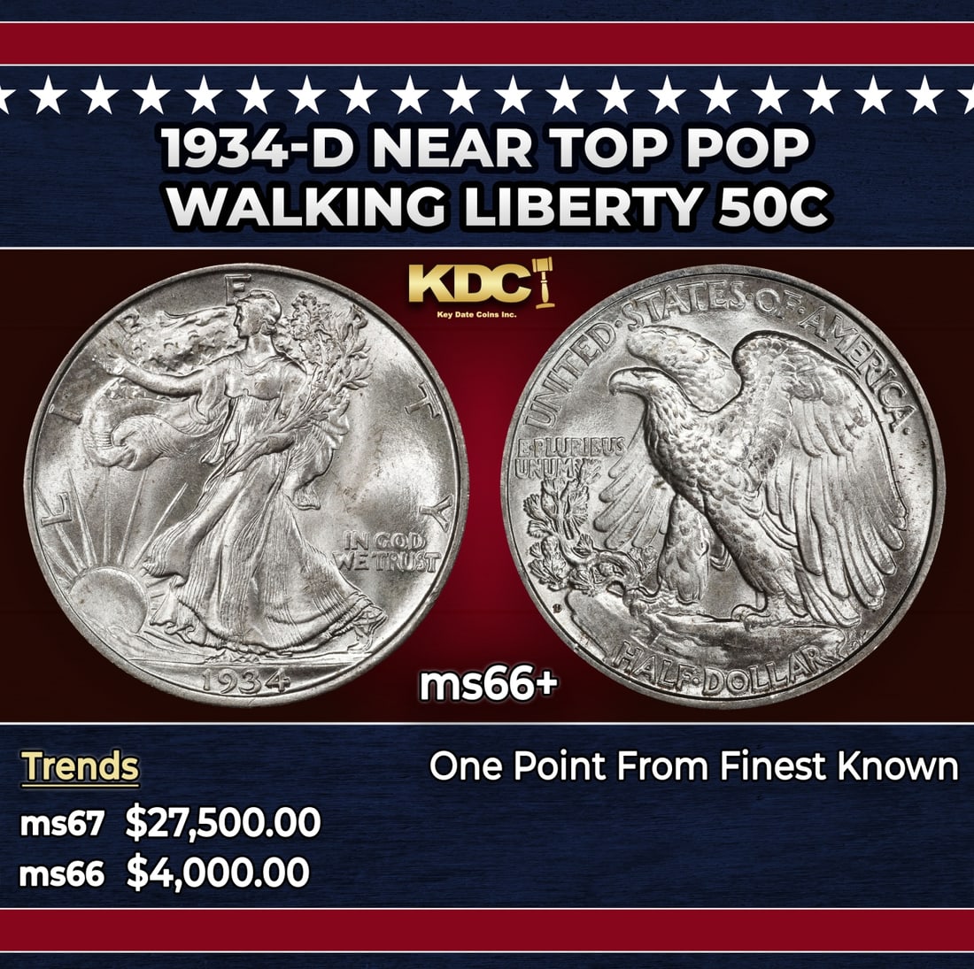 1934-d Walking Liberty Half Dollar Near Top Pop 50c ms66+ SEGS: 1934-d Near Top Pop Walking Liberty Half Dollar 50c ms66+ SEGS. Historic precious metal trends is causing increased spot pricing by the day. On auctions with set openings, we are doing our best to hav