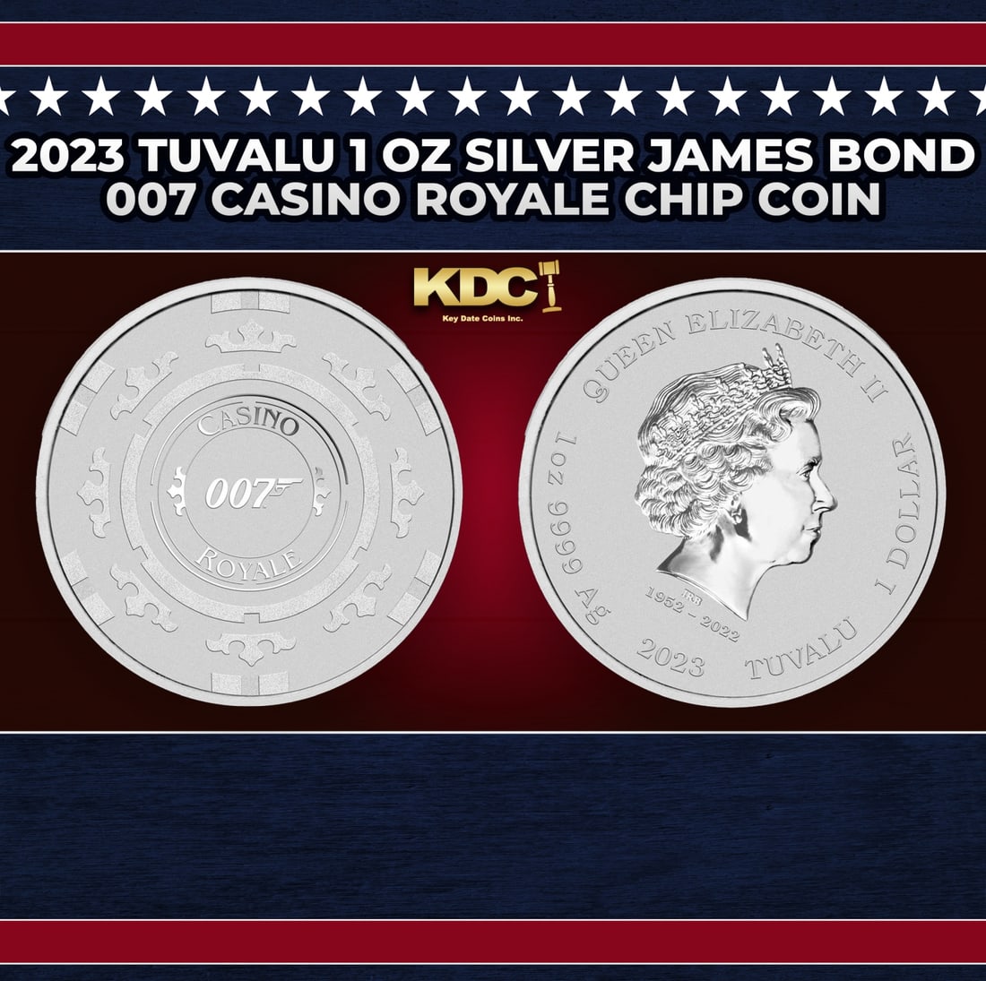 2023 Tuvalu 1 oz Silver James Bond 007 Casino Royale Chip Coin Round (1 of 3)