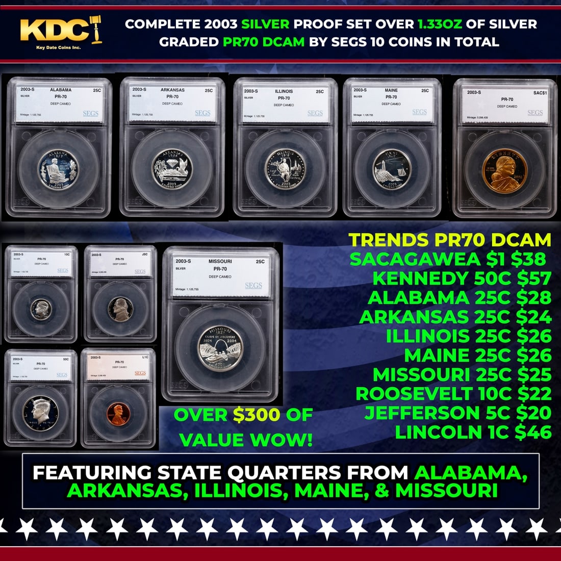2003 US Silver Proof Set Graded pr70 DCAM By SEGS about 1.5 oz of pure silver 10 Coins: 2003 US Silver Proof Set Graded pr70 DCAM By SEGS about 1.5 oz of pure silver 10 Coins. Historic precious metal trends is causing increased spot pricing by the day. On auctions with set openings, we a