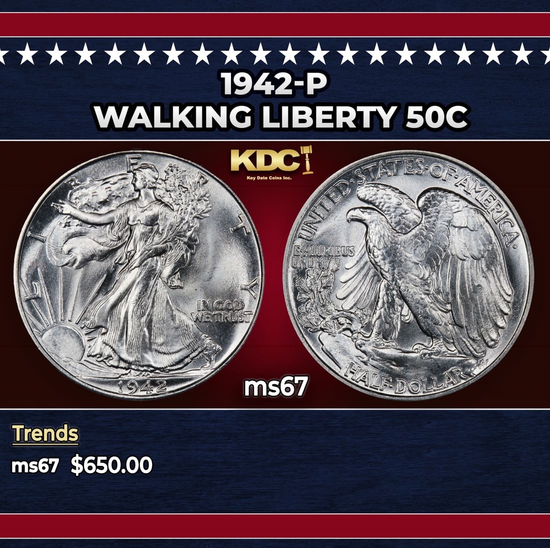1942-p Walking Liberty Half Dollar 50c ms67 SEGS: 1942-p Walking Liberty Half Dollar 50c ms67 SEGS. Historic precious metal trends is causing increased spot pricing by the day. On auctions with set openings, we are doing our best to have items priced