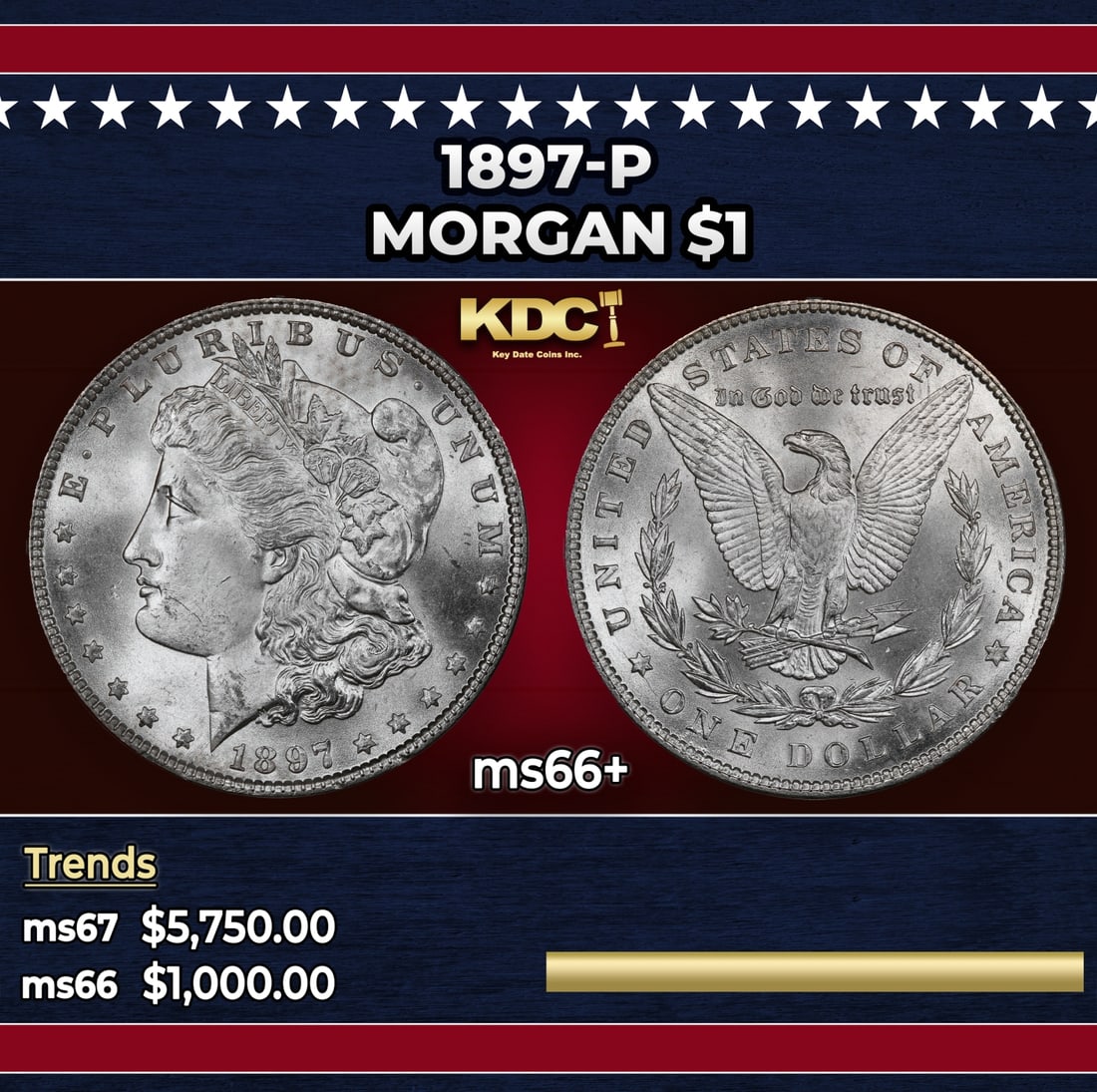 1897-p Morgan Dollar $1 ms66+ SEGS: 1897-p Morgan Dollar $1 ms66+ SEGS. Historic precious metal trends is causing increased spot pricing by the day. On auctions with set openings, we are doing our best to have items priced at their mark