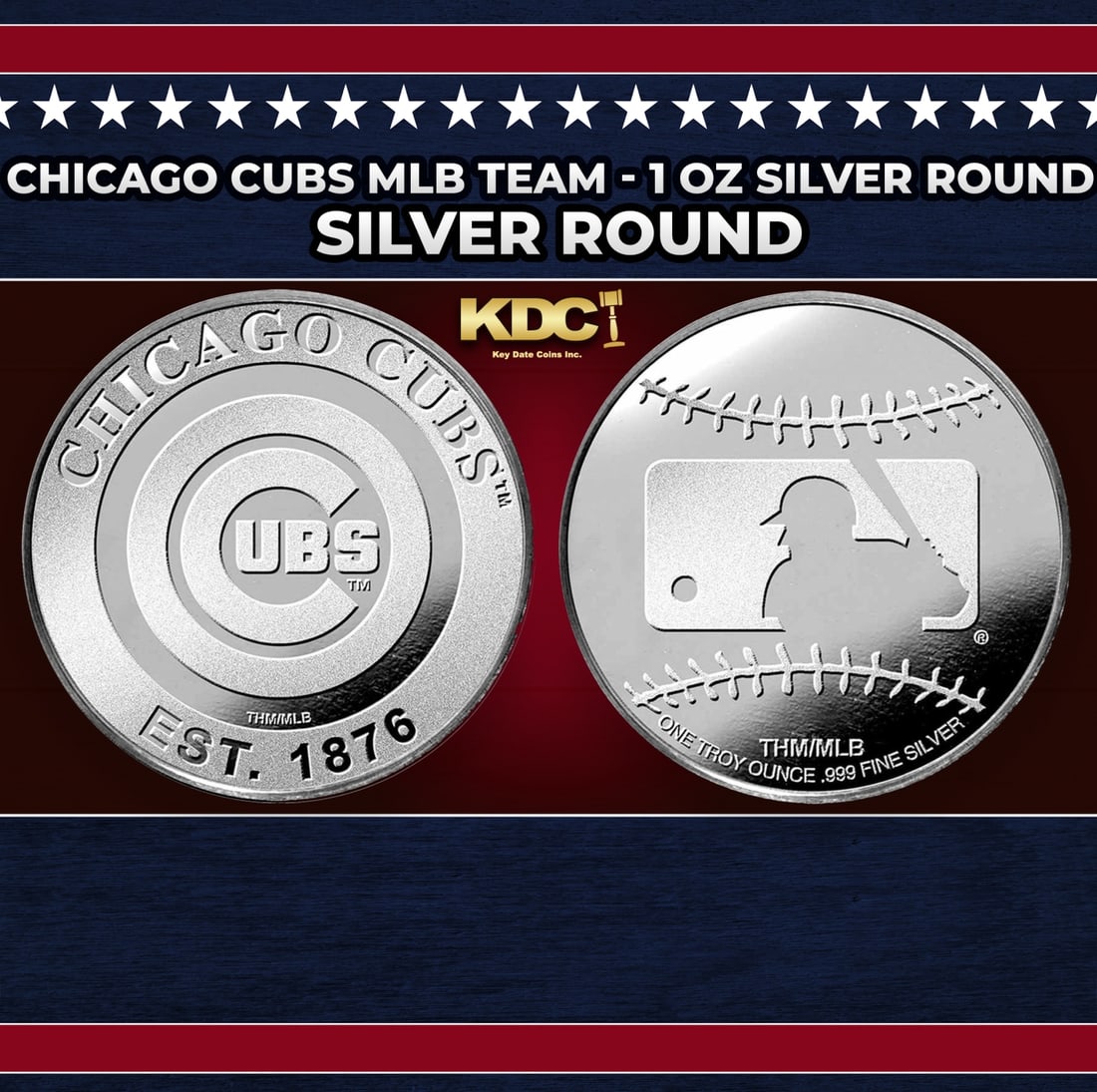 Chicago Cubs MLB Team - 1 oz Silver Round Round: Chicago Cubs MLB Team - 1 oz Silver Round. Add your favorite MLB teams to your silver collection with these official 1oz MLB team rounds! Obverse: Chicago Cubs logo. Reverse: Baseball stitching and ML
