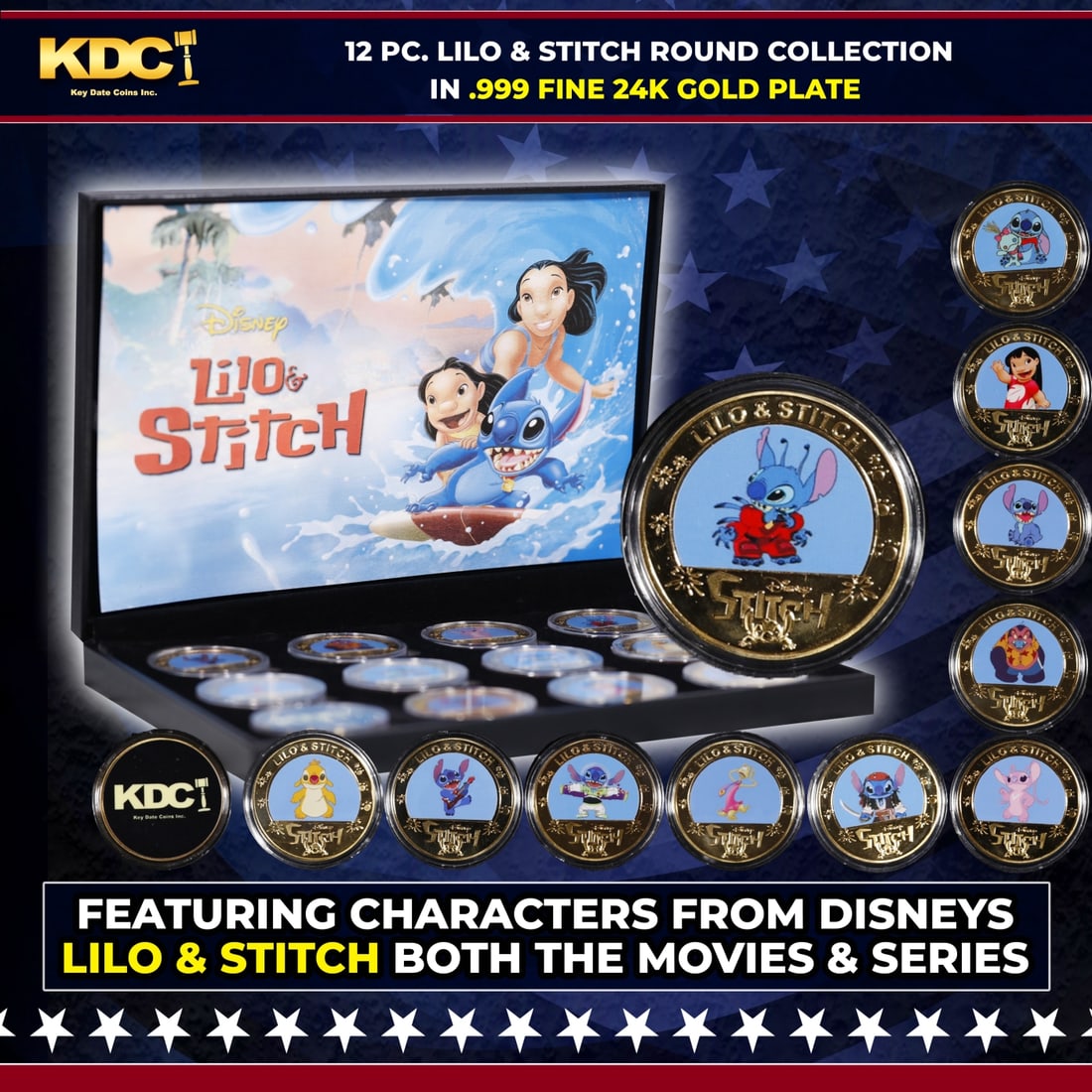 10 PC. Disney Lilo & Stitch Gold Plated Round Collection In Custom Box W/ Special Backer card: 10 PC. Disney Lilo & Stitch Gold Plated Round Collection In Custom Box W/ Special Backer card. Please Note All Backer Cards may have slight differences but will be very similar if not