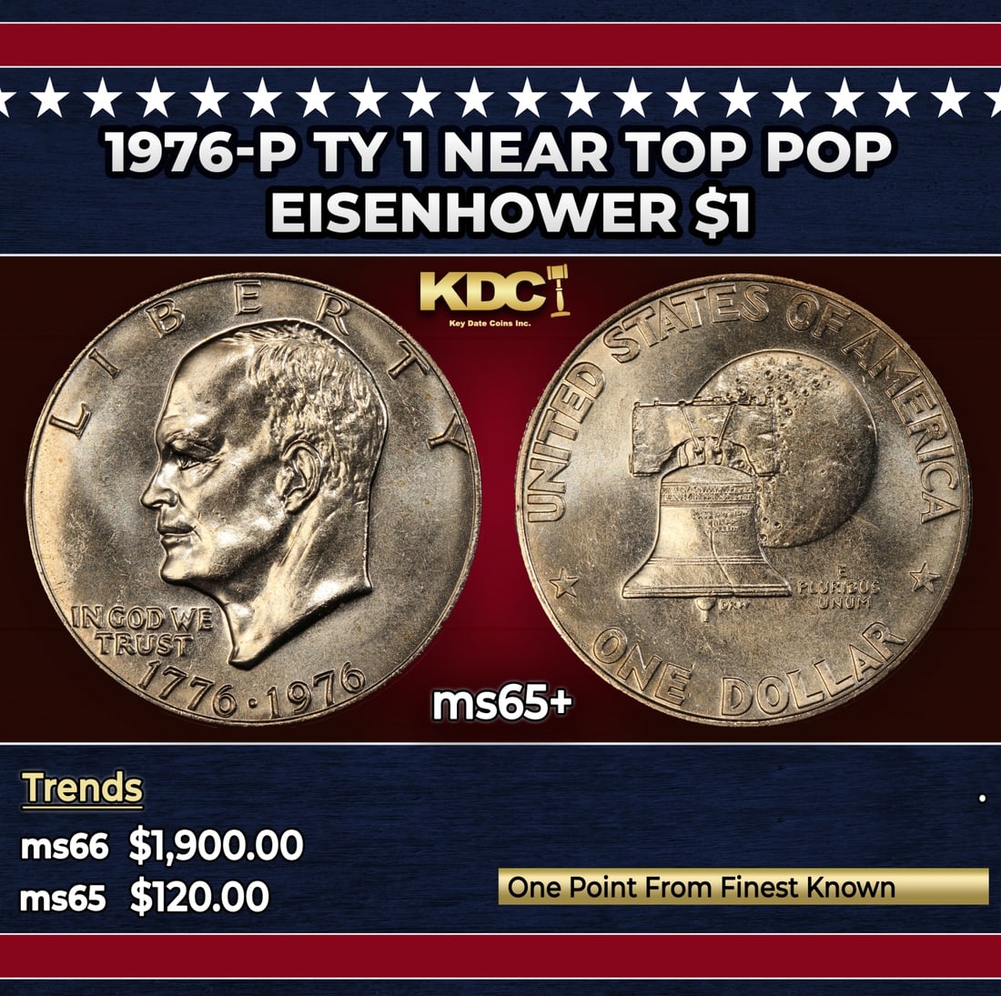 1976-p Ty 1 Eisenhower Dollar Near Top Pop $1 ms65+ SEGS (1 of 3)