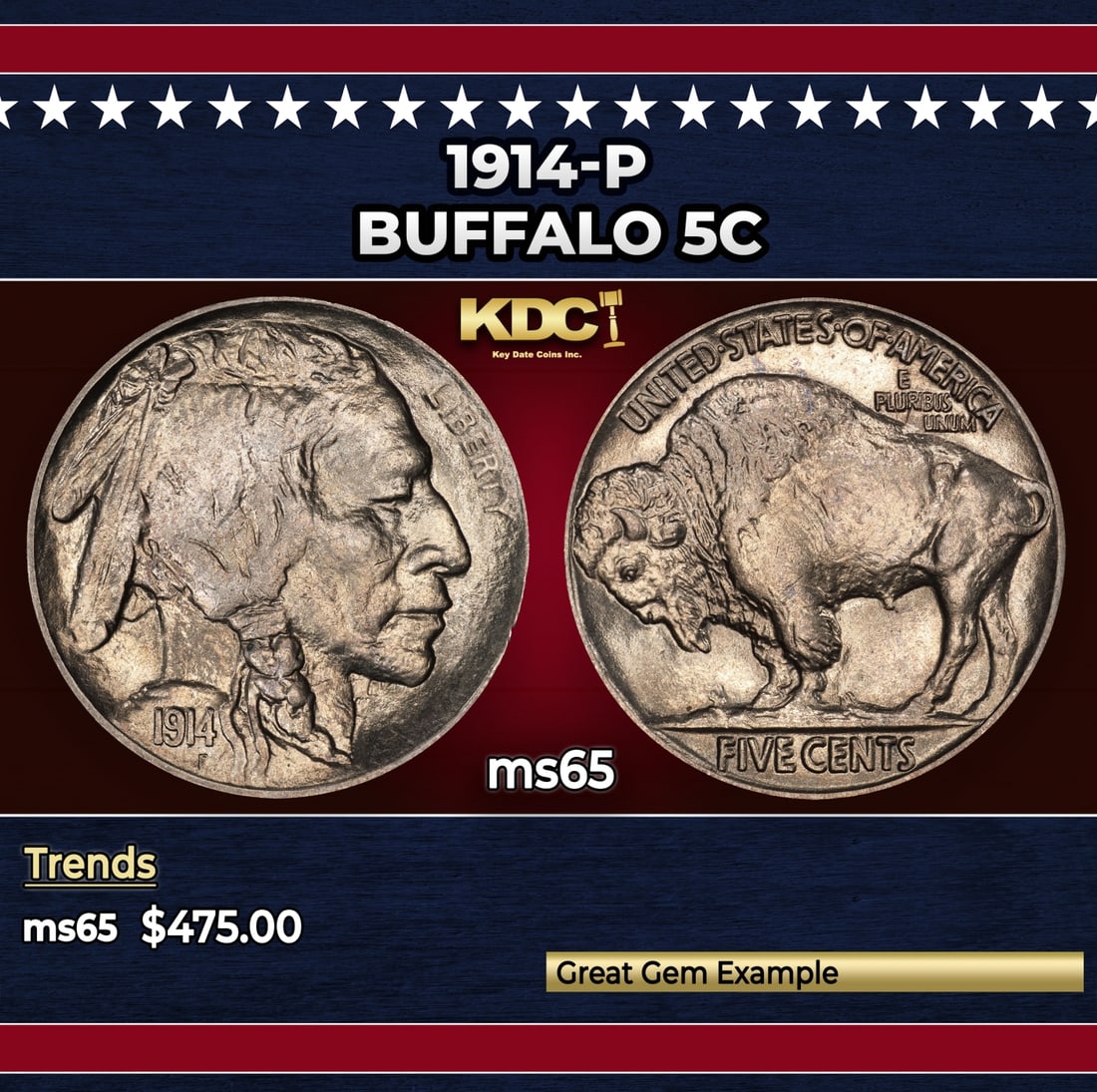 1914-p Buffalo Nickel 5c Grades ms65 (1 of 3)
