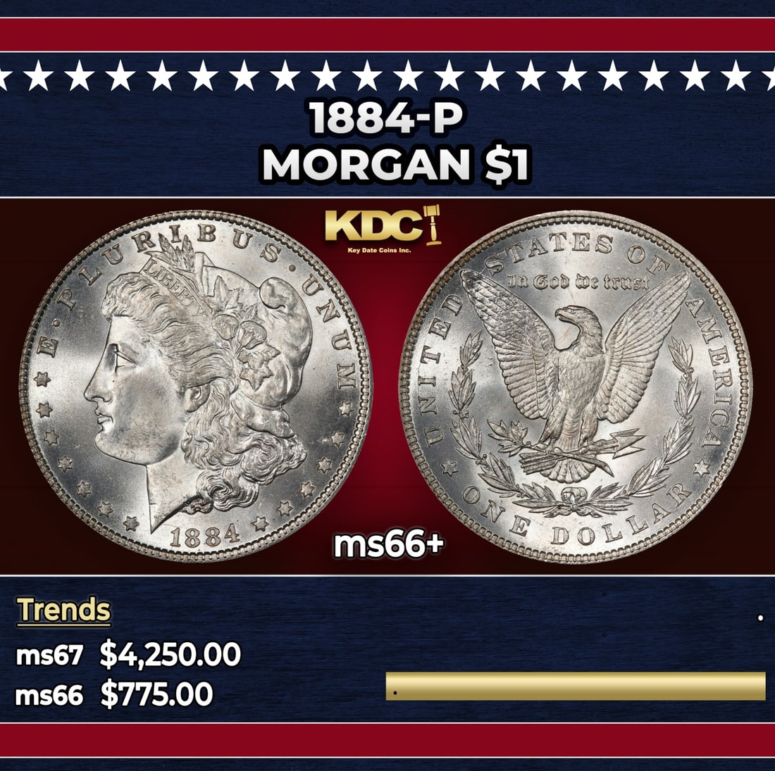 1884-p Morgan Dollar $1 ms66+ SEGS: 1884-p Morgan Dollar $1 ms66+ SEGS. Historic precious metal trends is causing increased spot pricing by the day. On auctions with set openings, we are doing our best to have items priced at their mark