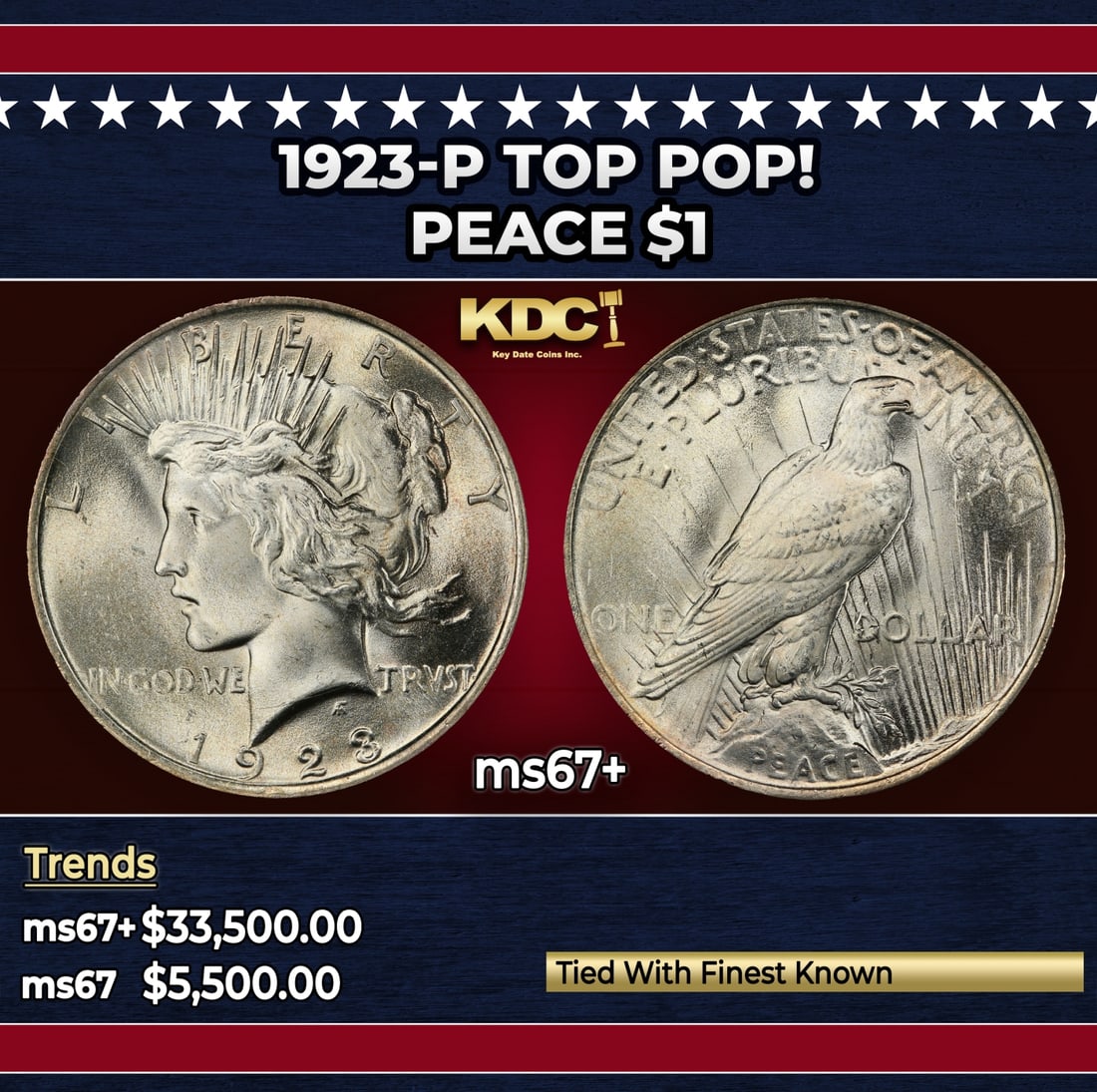 1923-p Peace Dollar TOP POP! $1 ms67+ SEGS: 1923-p TOP POP! Peace Dollar $1 ms67+ SEGS. Historic precious metal trends is causing increased spot pricing by the day. On auctions with set openings, we are doing our best to have items priced at th