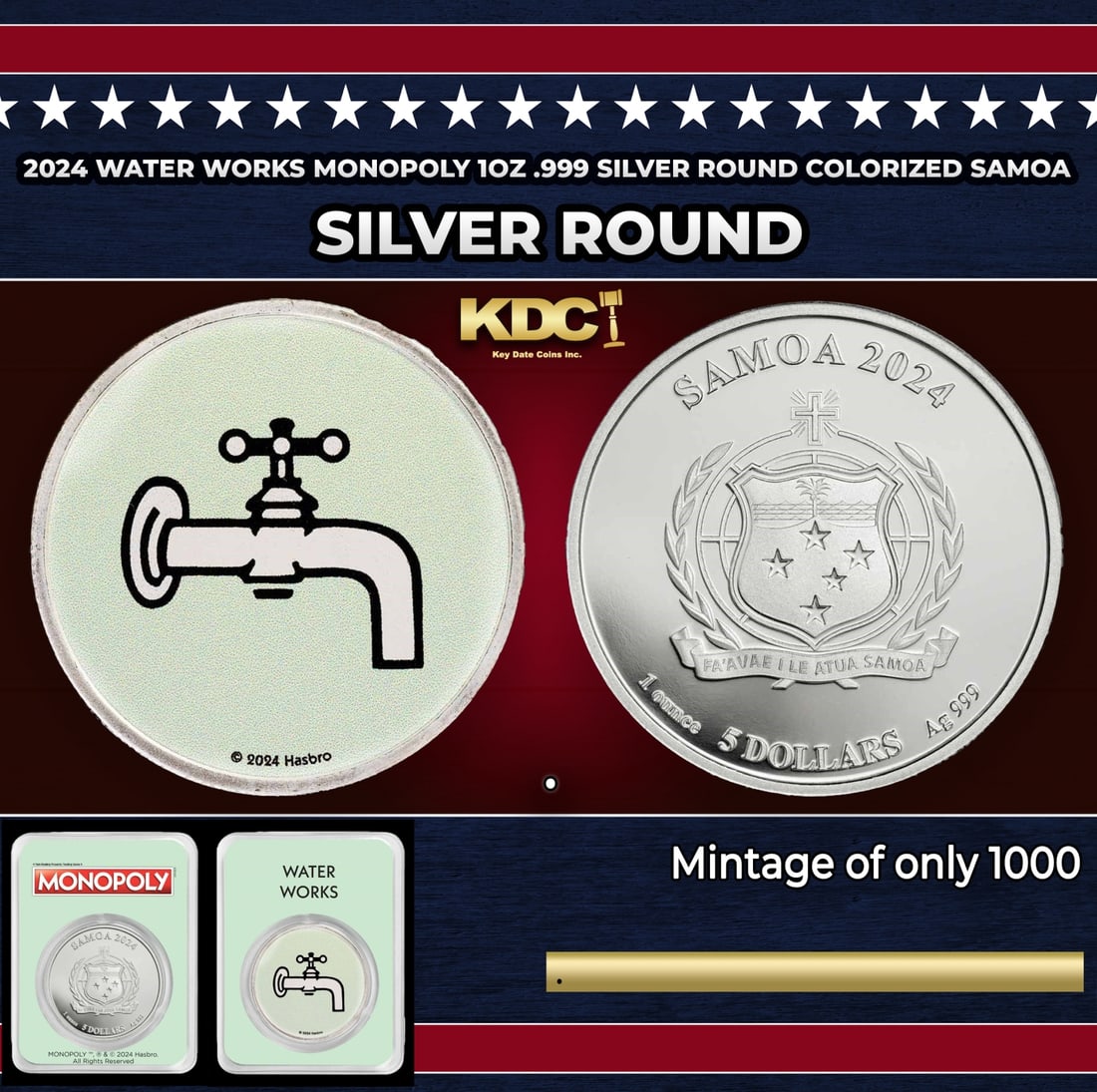 2024 Water Works Monopoly 1oz .999 Silver Round Colorized Samoa Round: 2024 Water Works Monopoly 1oz .999 Silver Round Colorized Samoa. mintage of only 1,000 coins. It comes in a licensed tamper-evident packaging (TEP).Water works is the second of two utilities on the bo