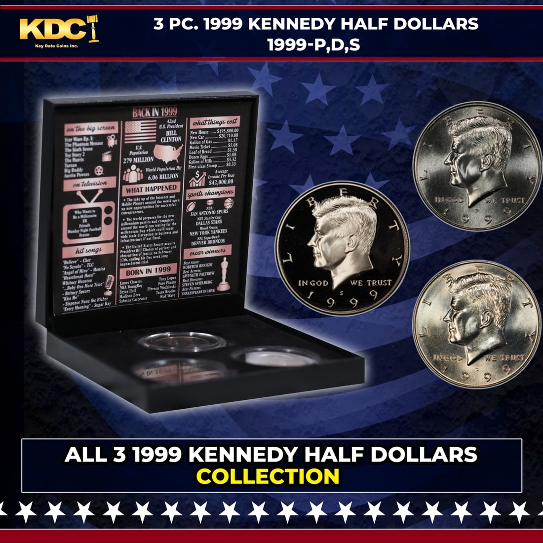 Complete 3 PC. 1999 Kennedy Half Dollar 50c set In Custom Box W/ Special Backer Card BU & Proof: Complete 3 PC. 1999 Kennedy Half Dollar 50c set In Custom Box W/ Special Backer Card BU & Proof COOL!. Please Note All Backer Cards may have slight differences but will be very similar if not identica