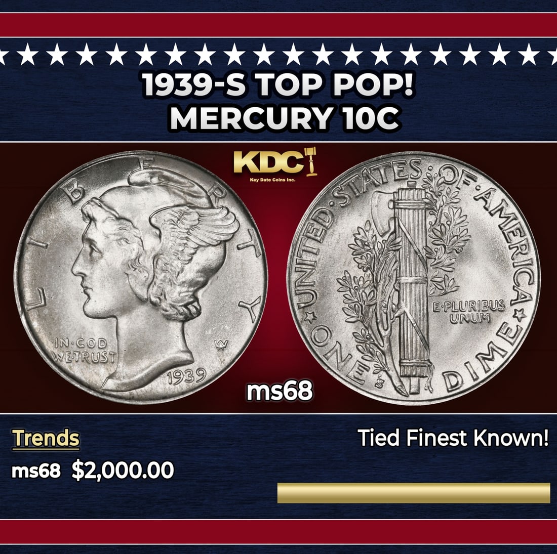 1939-s Mercury Dime TOP POP! 10c ms68 SEGS: 1939-s TOP POP! Mercury Dime 10c ms68 SEGS. Historic precious metal trends is causing increased spot pricing by the day. On auctions with set openings, we are doing our best to have items priced at th