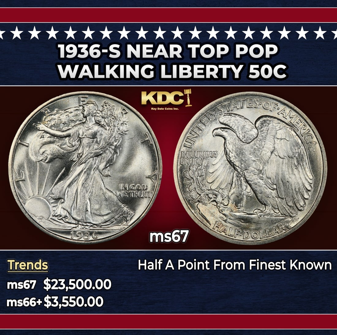 1936-s Walking Liberty Half Dollar Near Top Pop 50c ms67 SEGS: 1936-s Near Top Pop Walking Liberty Half Dollar 50c ms67 SEGS. Historic precious metal trends is causing increased spot pricing by the day. On auctions with set openings, we are doing our best to have