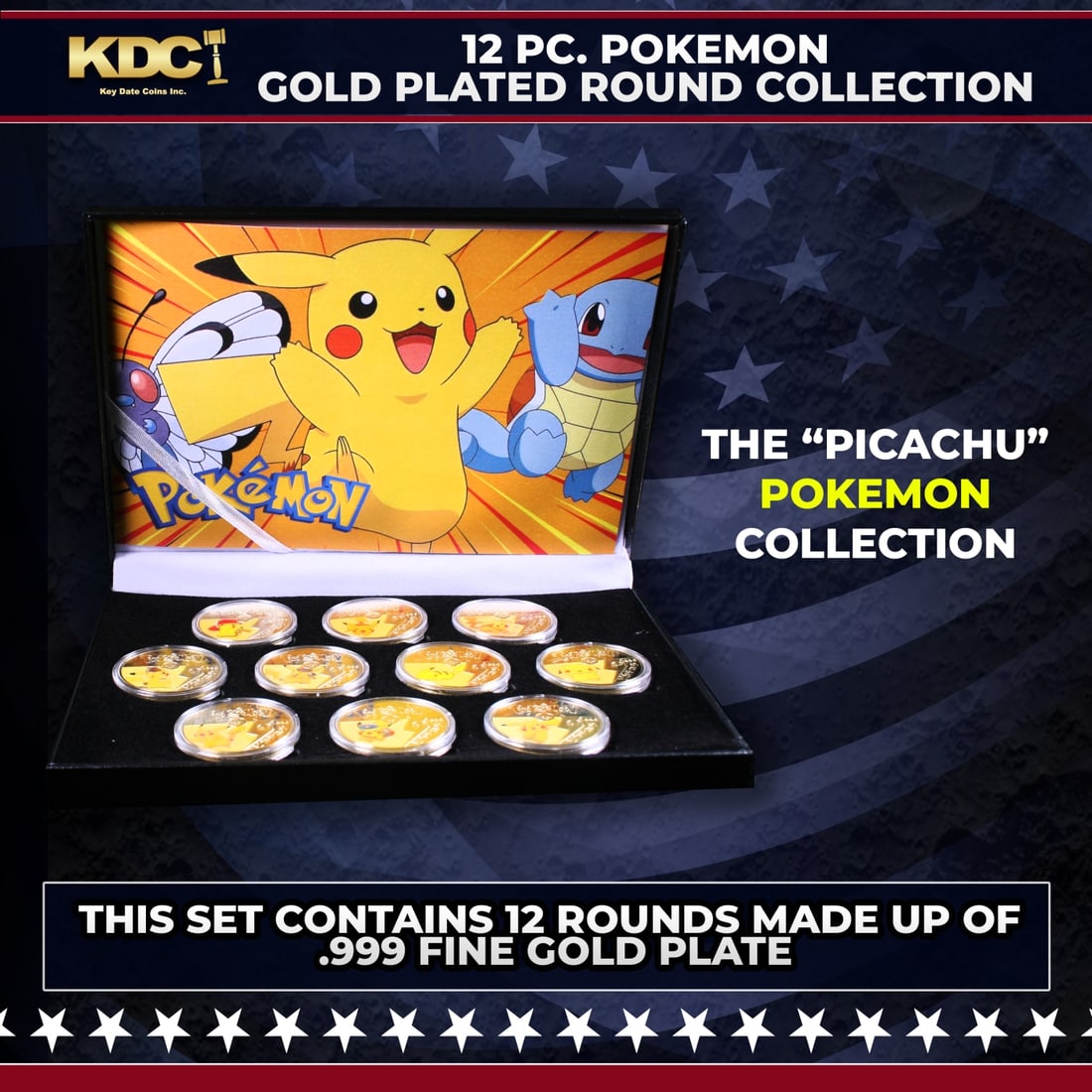10 Coin Pokemon - Picachu - Gold Plated Round Collection: 10 Coin Pokemon - Picachu - Gold Plated Round Collection. Please Note All Backer Cards may have slight differences but will be very similar if not identical to the one in the photoHistoric precious me