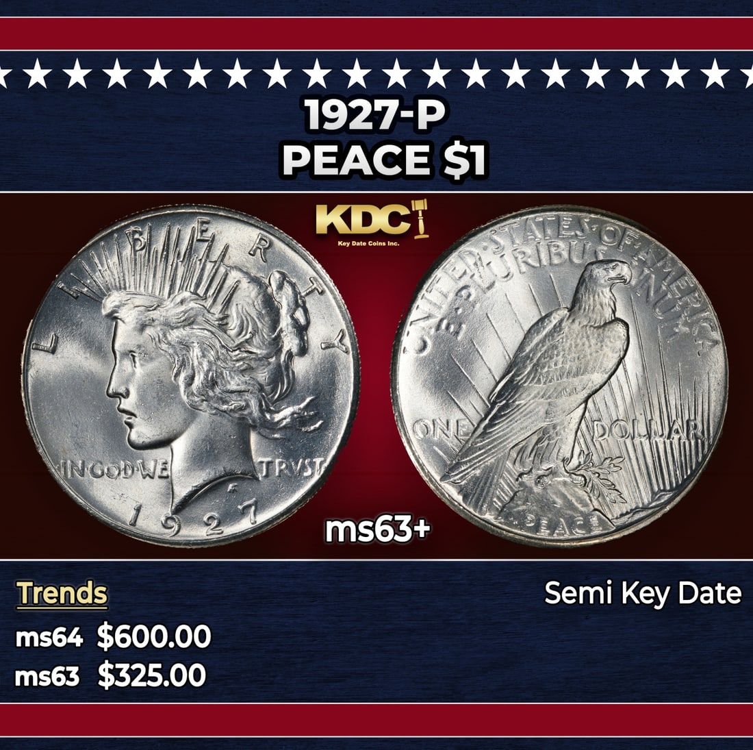 1927-p Peace Dollar $1 Grades ms63+: 1927-p Peace Dollar $1 Grades ms63+. The 27-p is the big sleeper of numismatics in my opinion. It has the 2nd lowest mintage in the whole Peace dollar series. Lower than the 34-s, the 21-p, yet it doe