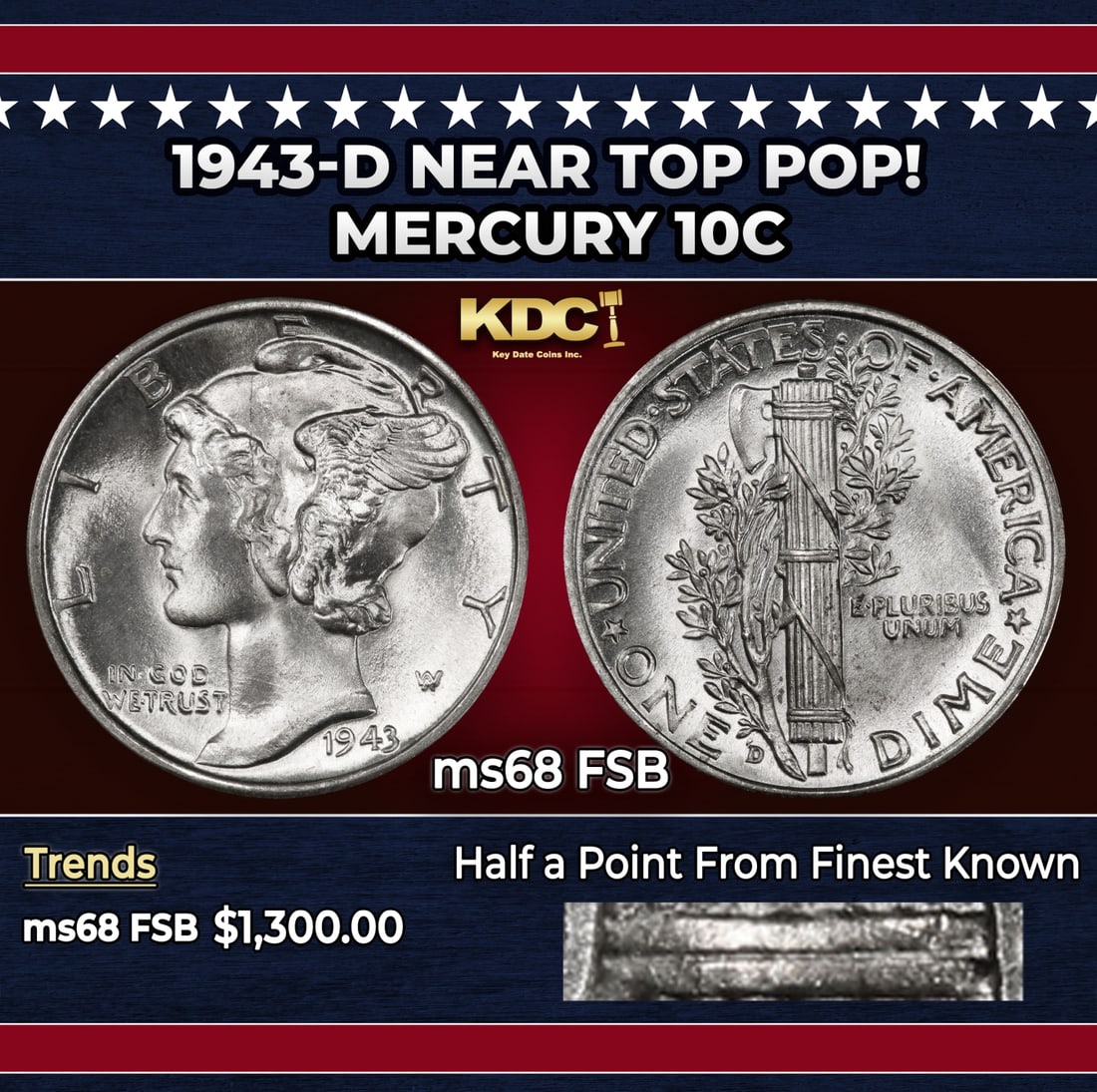 1943-d Mercury Dime Near Top Pop! 10c ms68 FSB SEGS: 1943-d Near Top Pop! Mercury Dime 10c ms68 FSB SEGS. Historic precious metal trends is causing increased spot pricing by the day. On auctions with set openings, we are doing our best to have items pri