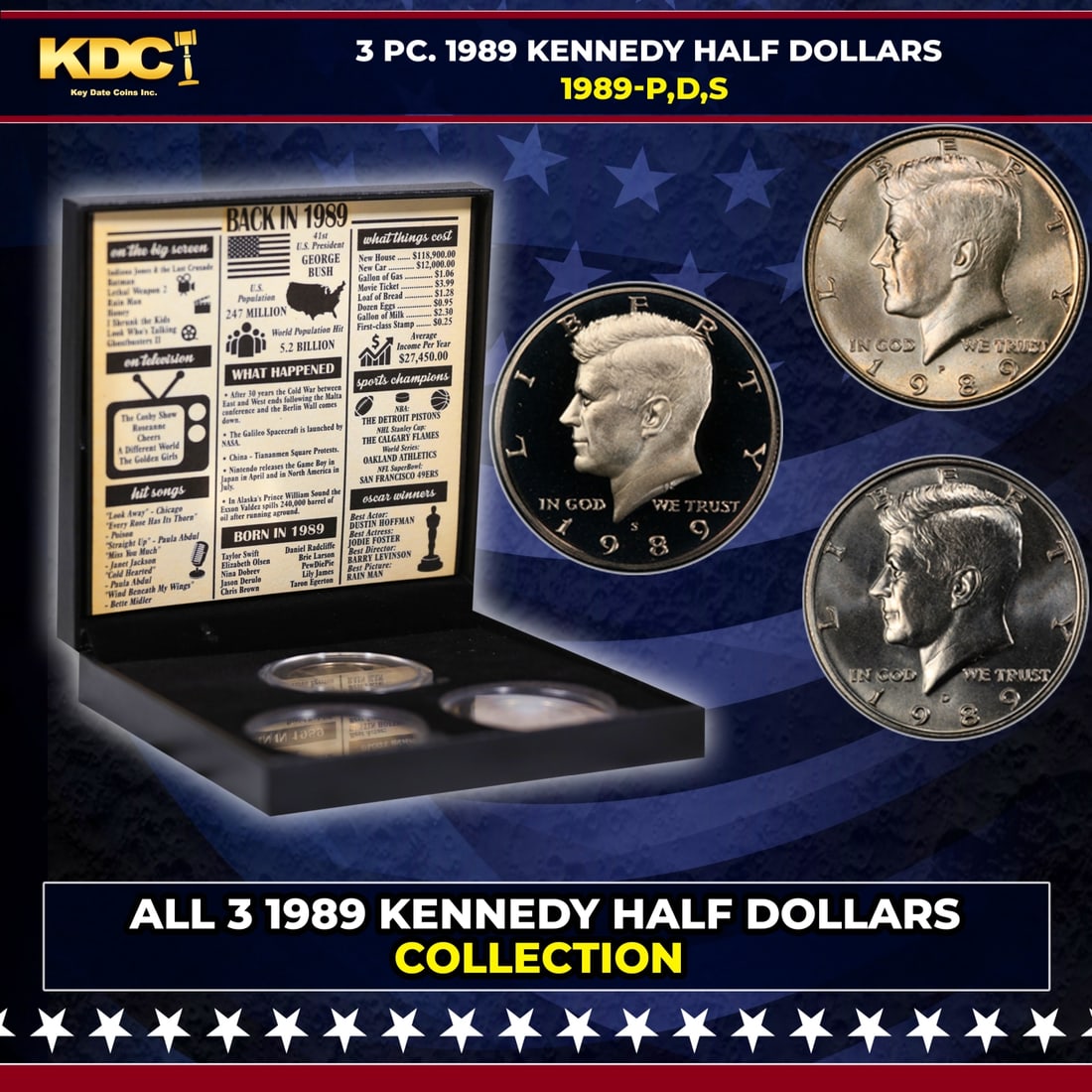 Complete 3 PC. 1989 Kennedy Half Dollar 50c set In Custom Box W/ Special Backer Card BU & Proof (1 of 7)