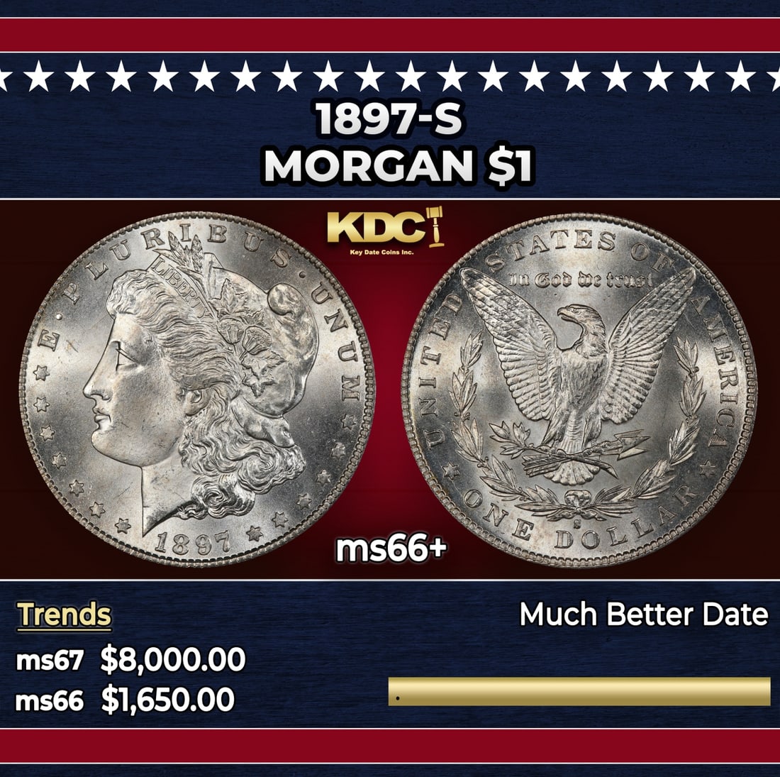 1897-s Morgan Dollar $1 ms66+ SEGS: 1897-s Morgan Dollar $1 ms66+ SEGS. Historic precious metal trends is causing increased spot pricing by the day. On auctions with set openings, we are doing our best to have items priced at their mark