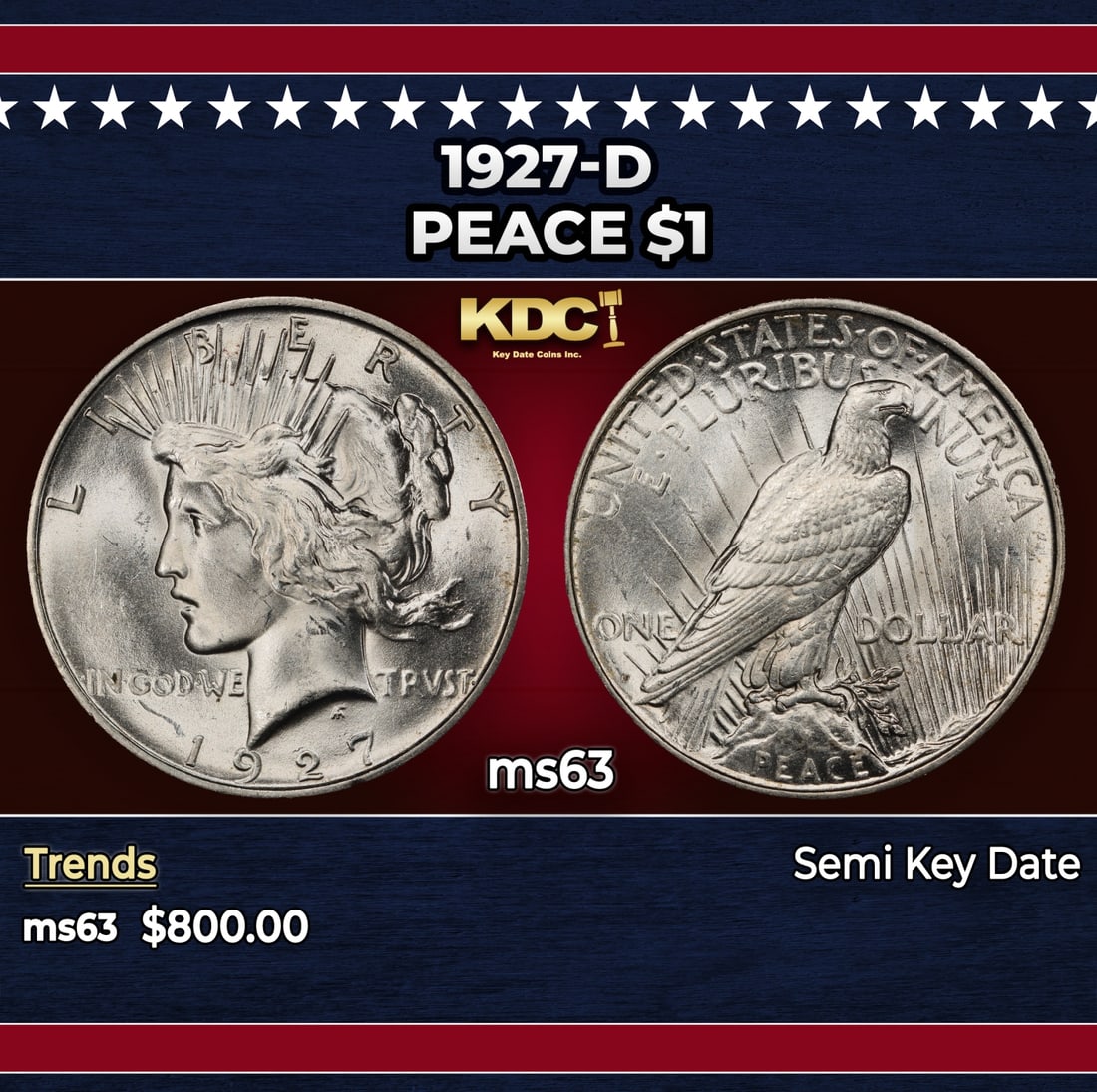 1927-d Peace Dollar $1 Grades ms63: 1927-d Peace Dollar $1 Grades ms63. Historic precious metal trends is causing increased spot pricing by the day. On auctions with set openings, we are doing our best to have items priced at their mark