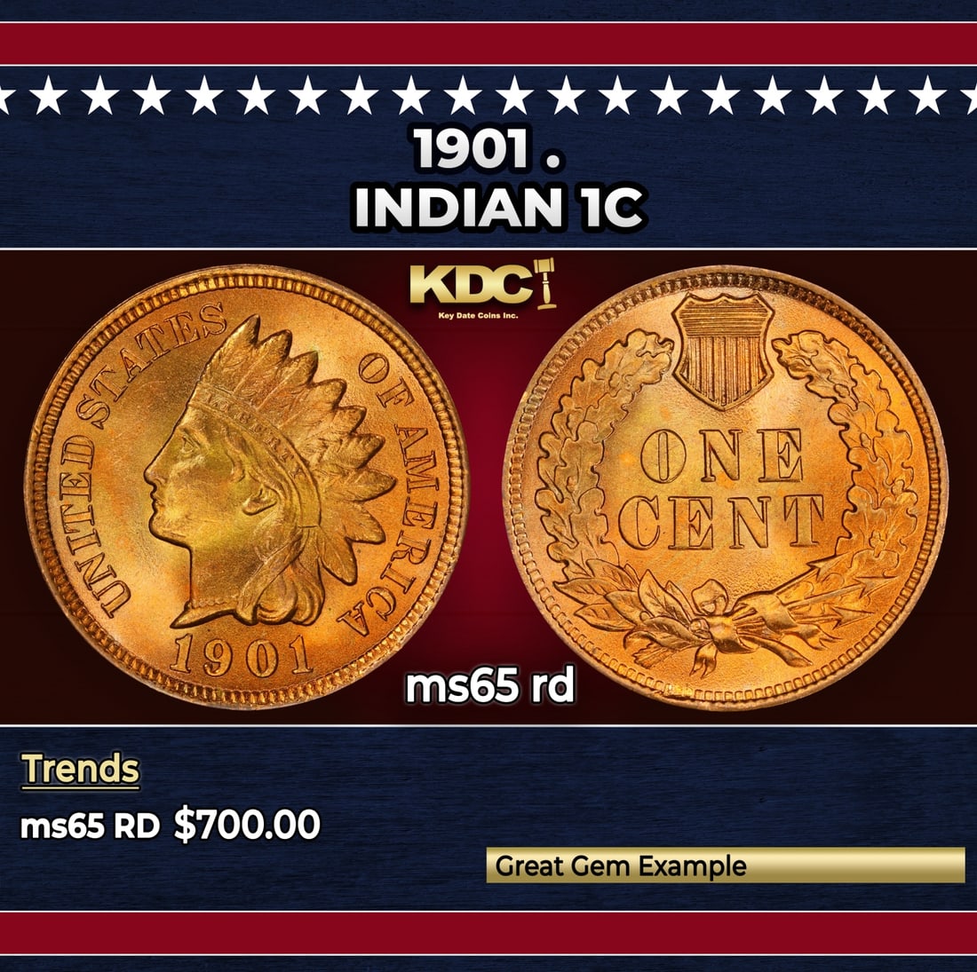1901 Indian Cent . 1c Grades ms65 rd: 1901 . Indian Cent 1c Grades ms65 rd. Historic precious metal trends is causing increased spot pricing by the day. On auctions with set openings, we are doing our best to have items priced at their ma