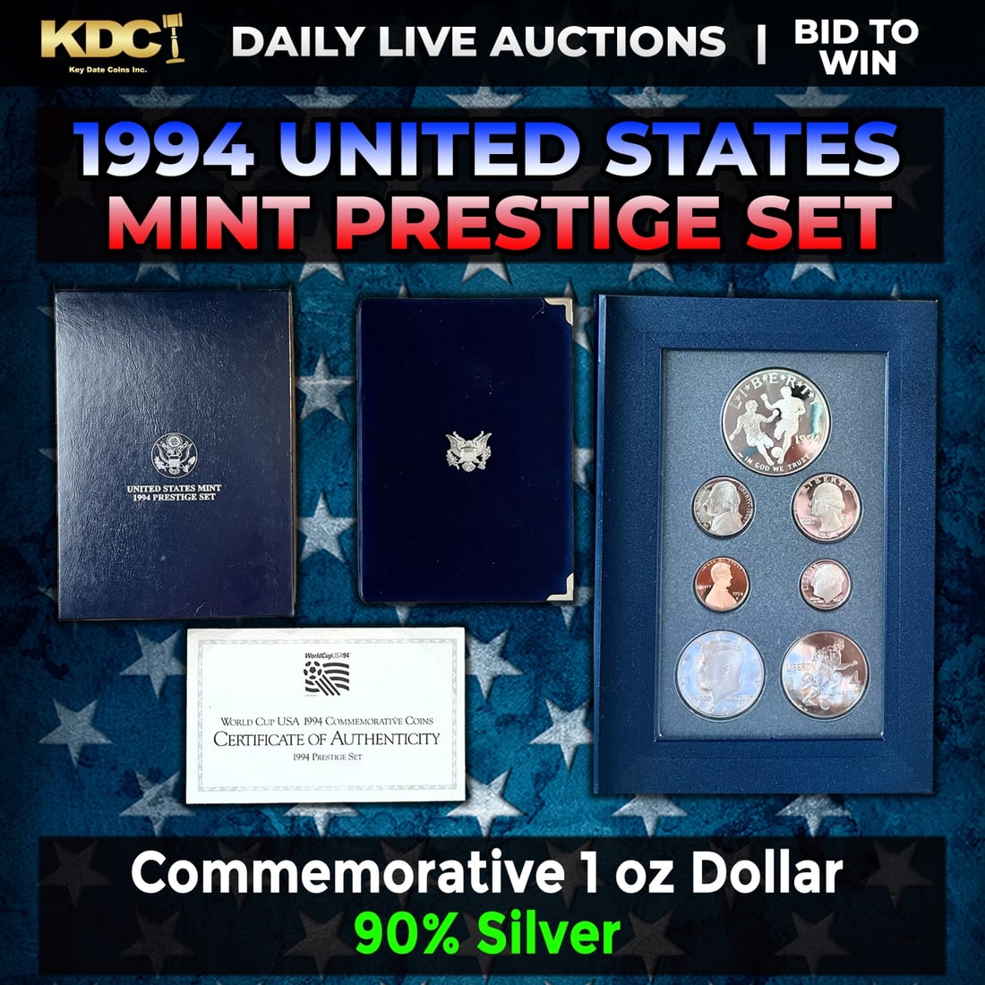 1994 United States Mint Prestige Proof Set With Box & COA: 1994 United States Mint Prestige Proof Set With Box & COA. Product DetailsThis wonderful seven-piece set includes all of the proof issue coins of 1994 as well as a commemorative World Cup clad half do