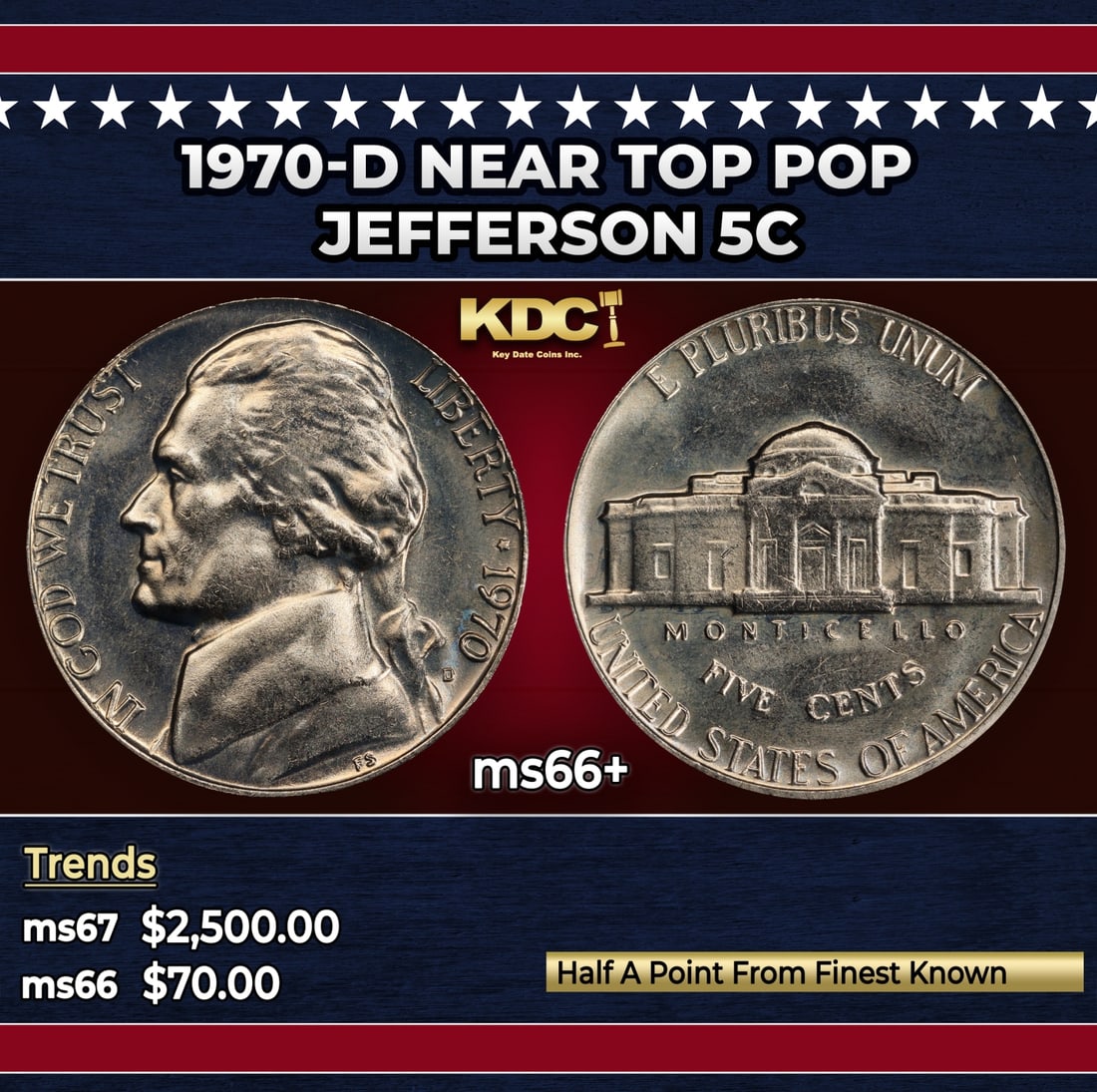 1970-d Jefferson Nickel Near Top Pop 5c ms66+ SEGS: 1970-d Near Top Pop Jefferson Nickel 5c ms66+ SEGS. Historic precious metal trends is causing increased spot pricing by the day. On auctions with set openings, we are doing our best to have items pric