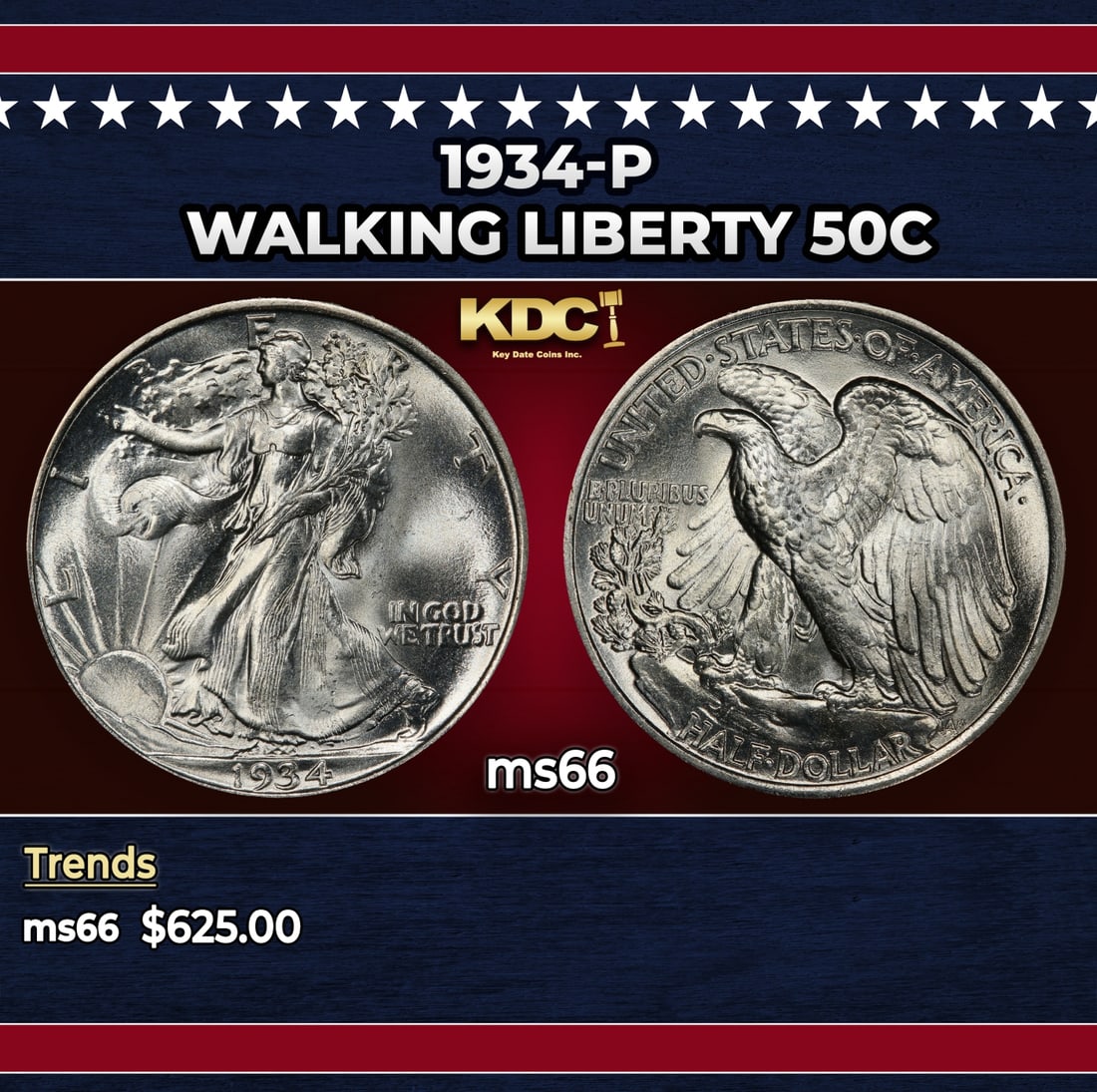 1934-p Walking Liberty Half Dollar 50c Grades ms66: 1934-p Walking Liberty Half Dollar 50c Grades ms66. Historic precious metal trends is causing increased spot pricing by the day. On auctions with set openings, we are doing our best to have items pric