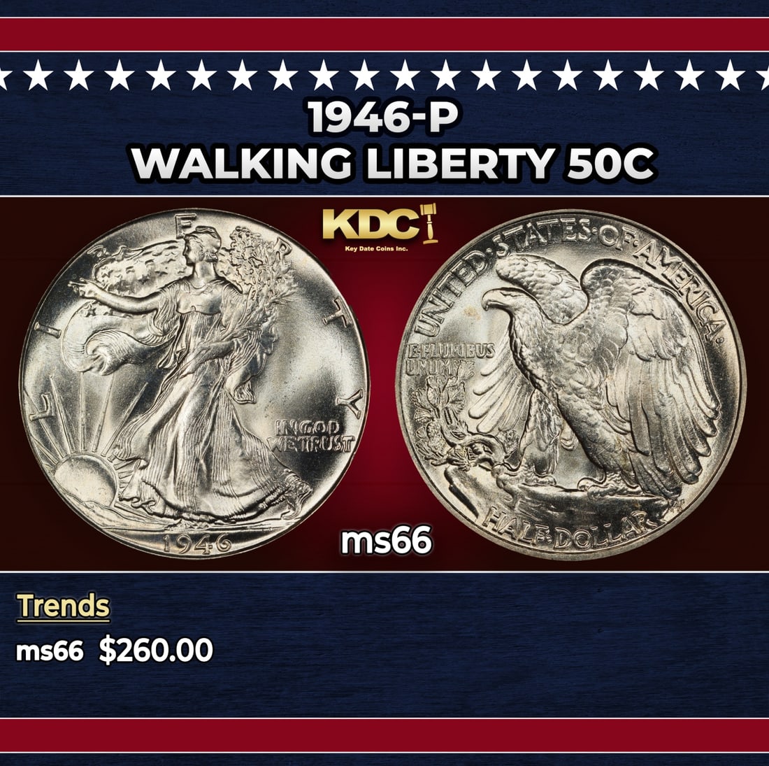 1946-p Walking Liberty Half Dollar 50c Grades ms66 (1 of 3)