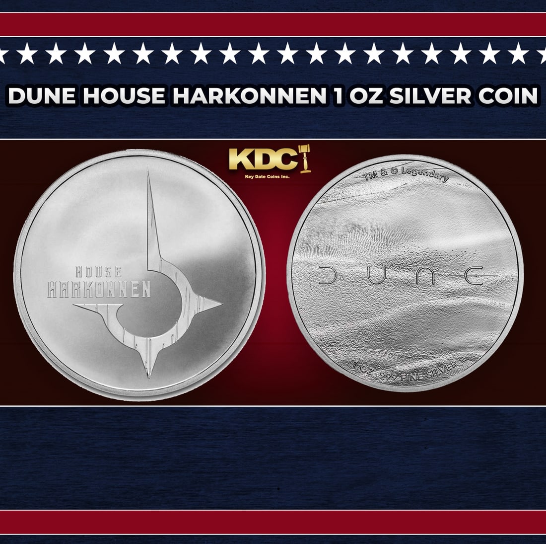 DUNE House Harkonnen 1 oz Silver Coin Round: DUNE House Harkonnen 1 oz Silver Coin. Officially licensed by Legendary Entertainment. This exclusive collection marks the release of the motion picture DUNE. Contains 1 oz of .999 fine silver.Histori