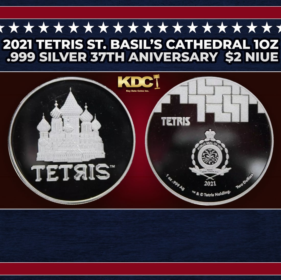 2021 Tetris St. Basil's Cathedral 1oz .999 Silver 37th Aniversary $2 Niue Grades Ungraded Round: 2021 Tetris St. Basil's Cathedral 1oz .999 Silver 37th Aniversary $2 Niue Grades Ungraded. Commemorate the 37th year of the iconic Tetris® video game, with this 1 oz Silver BU coin. Each coin feature