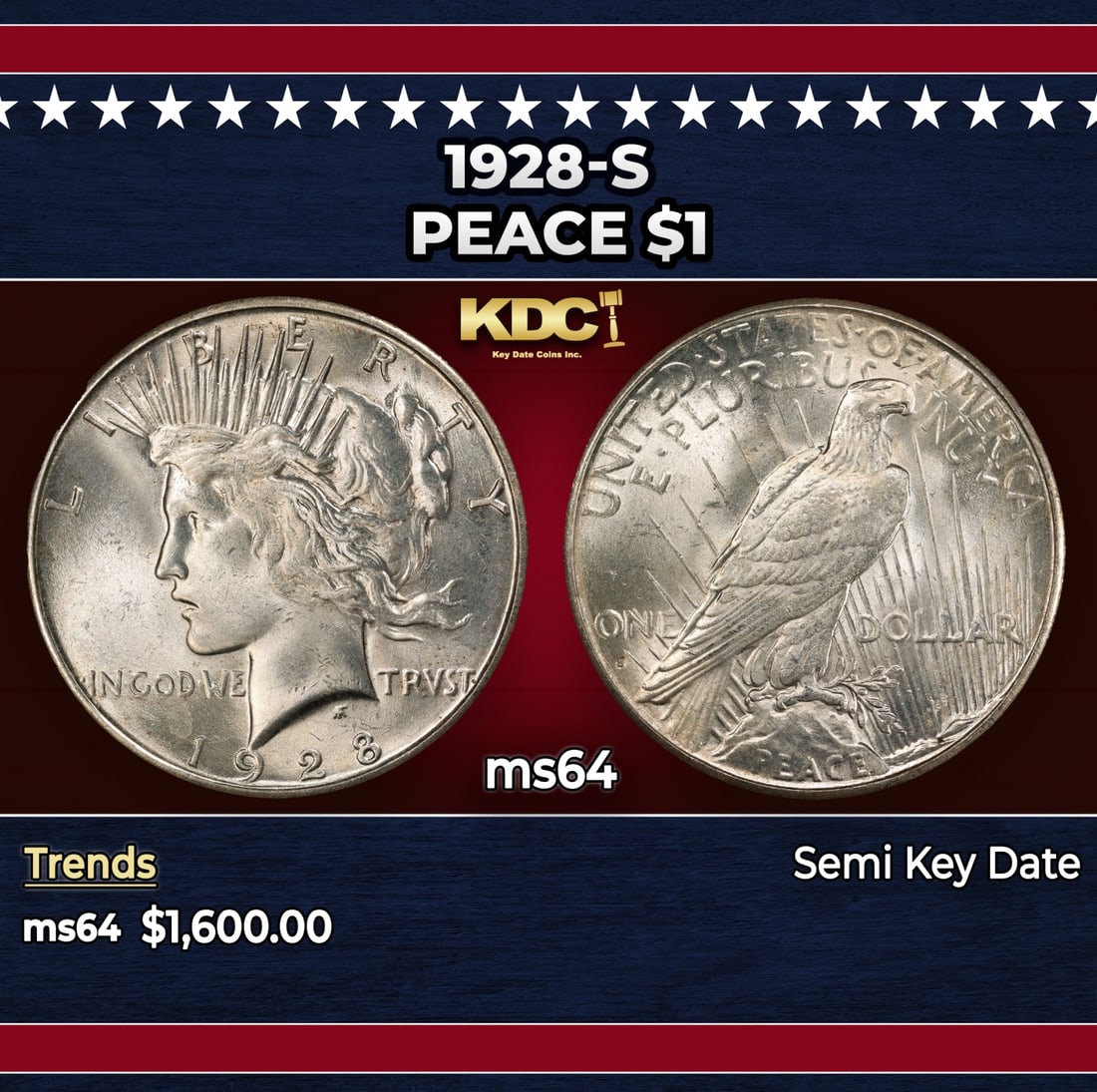 1928-s Peace Dollar $1 ms64 SEGS: 1928-s Peace Dollar $1 ms64 SEGS. Historic precious metal trends is causing increased spot pricing by the day. On auctions with set openings, we are doing our best to have items priced at their market