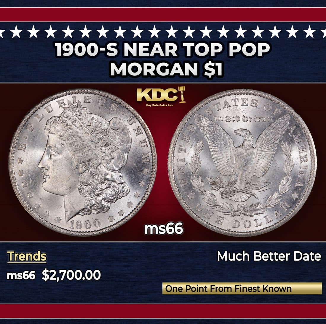 1900-s Morgan Dollar Near Top Pop $1 ms66 SEGS: 1900-s Near Top Pop Morgan Dollar $1 ms66 SEGS. Historic precious metal trends is causing increased spot pricing by the day. On auctions with set openings, we are doing our best to have items priced a