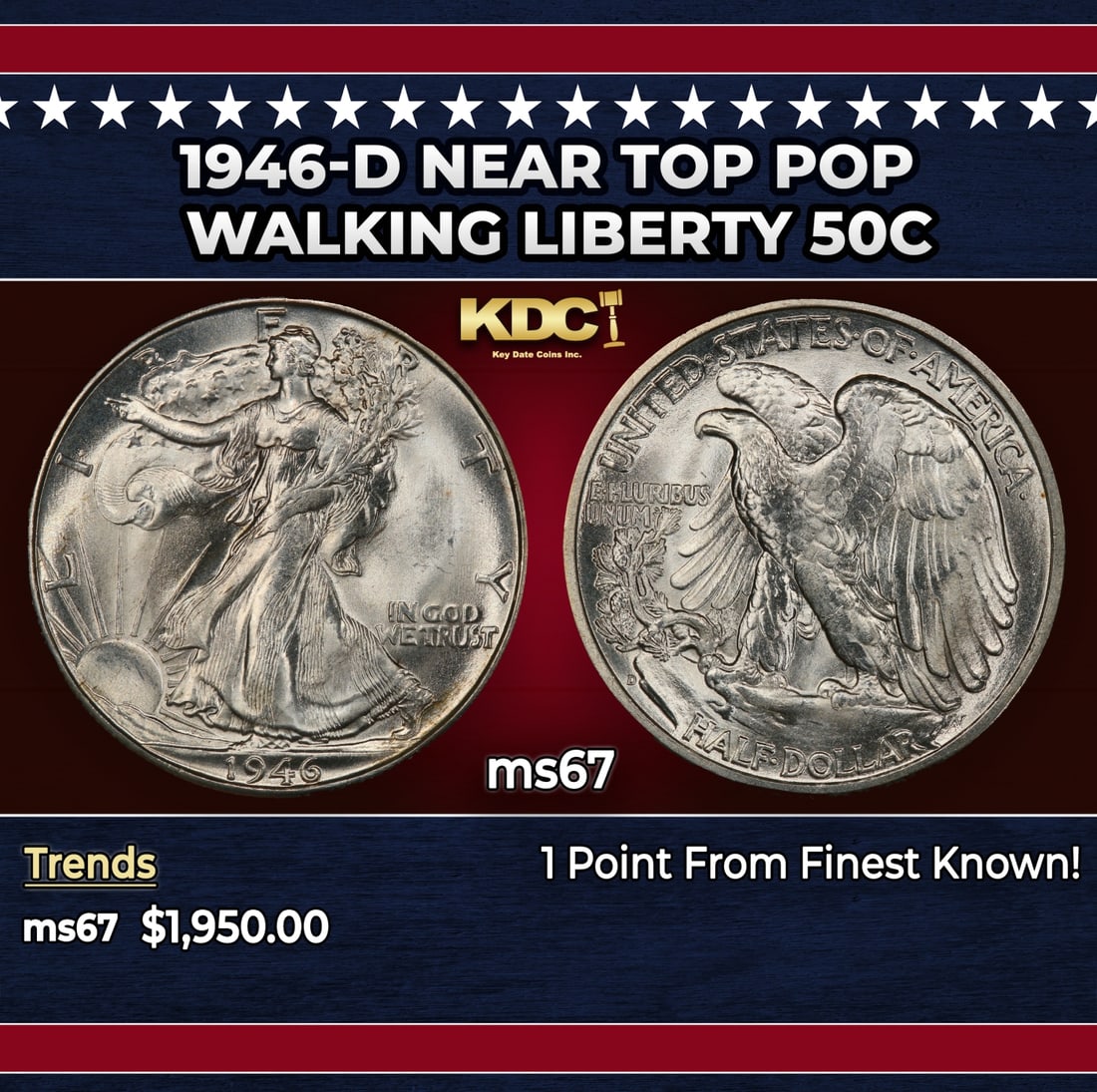 1946-d Walking Liberty Half Dollar Near Top Pop 50c ms67 SEGS: 1946-d Near Top Pop Walking Liberty Half Dollar 50c ms67 SEGS. Historic precious metal trends is causing increased spot pricing by the day. On auctions with set openings, we are doing our best to have