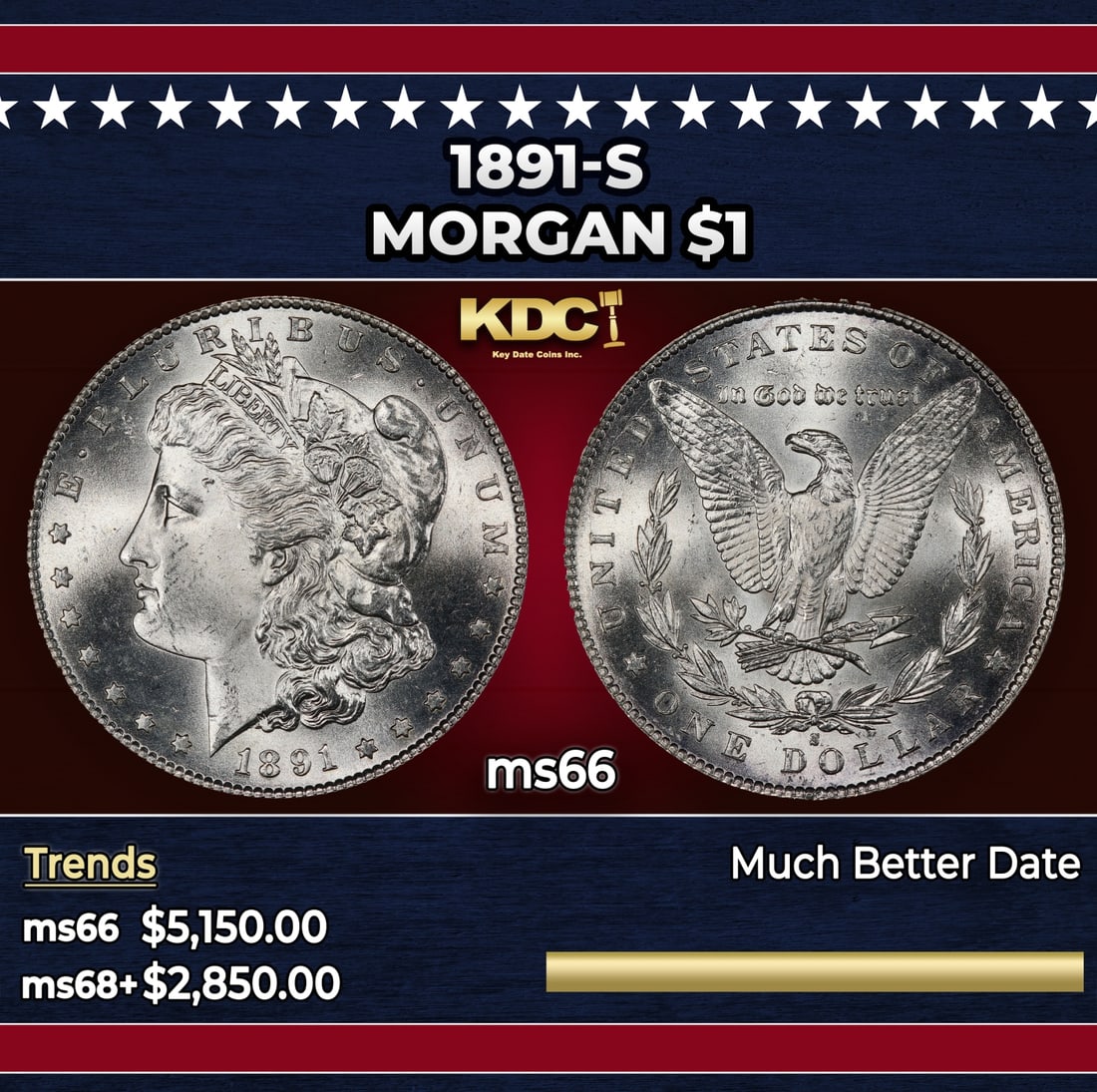 1891-s Morgan Dollar $1 ms66 SEGS: 1891-s Morgan Dollar $1 ms66 SEGS. Historic precious metal trends is causing increased spot pricing by the day. On auctions with set openings, we are doing our best to have items priced at their marke