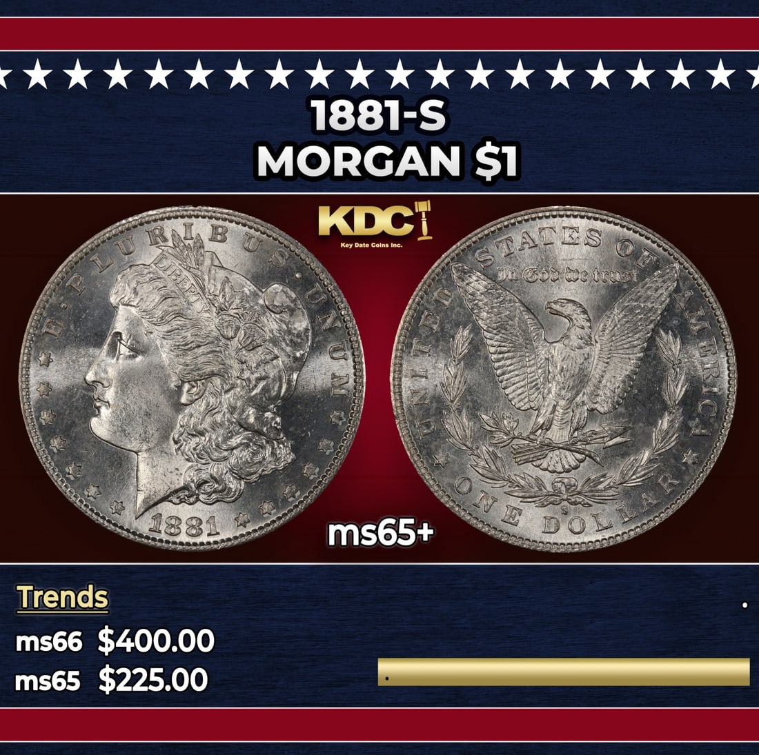 1881-s Morgan Dollar $1 Grades ms65+: 1881-s Morgan Dollar $1 Grades ms65+. Historic precious metal trends is causing increased spot pricing by the day. On auctions with set openings, we are doing our best to have items priced at their ma