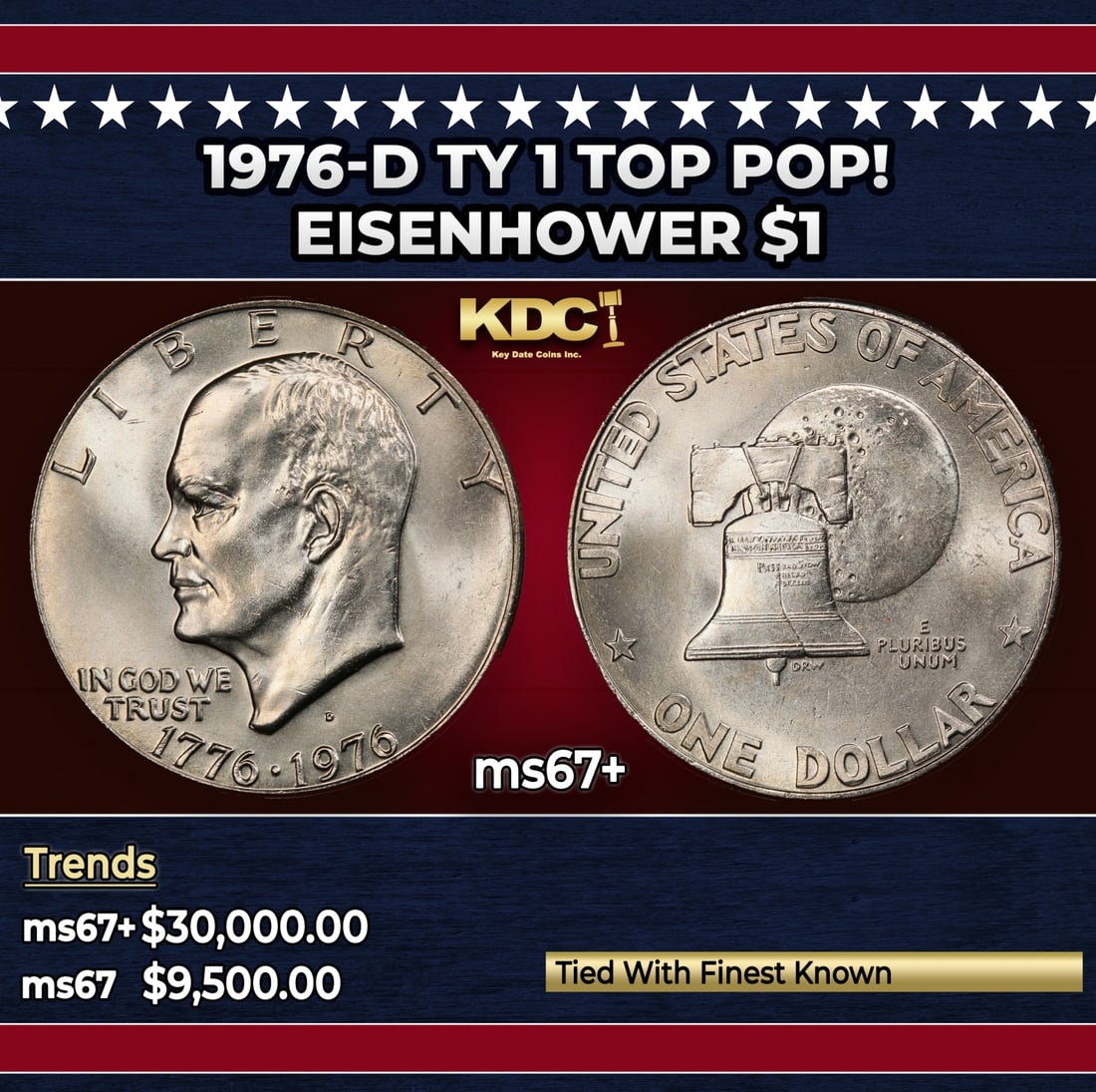1976-d Ty 1 Eisenhower Dollar TOP POP! $1 ms67+ SEGS: 1976-d Ty 1 TOP POP! Eisenhower Dollar $1 ms67+ SEGS. Historic precious metal trends is causing increased spot pricing by the day. On auctions with set openings, we are doing our best to have items pr