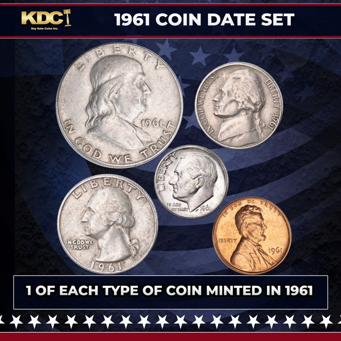1961 5 Coin Date Set, 1 Of Each Type Of Coin Minted in 1961: 1961 5 Coin Date Set, 1 Of Each Type Of Coin Minted in 1961. If you're a fan of U.S. coins, you'll love this popular Year Set from 1961. It includes some of America's most sought-after coins. Included