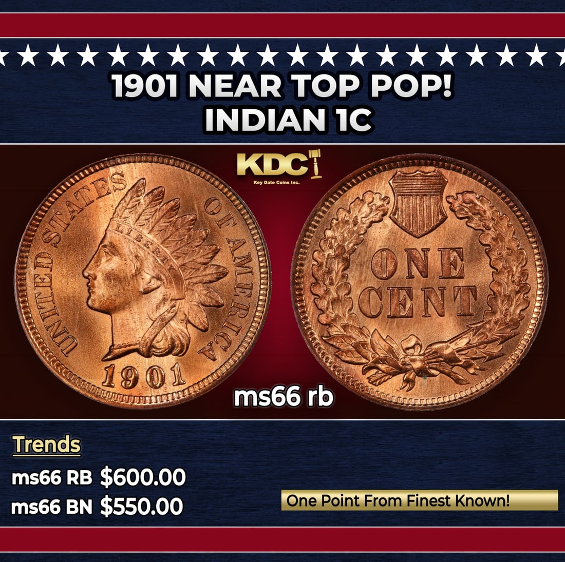 1901 Indian Cent Near Top Pop! 1c Grades ms66 rb: 1901 Near Top Pop! Indian Cent 1c Grades ms66 rb. Historic precious metal trends is causing increased spot pricing by the day. On auctions with set openings, we are doing our best to have items priced