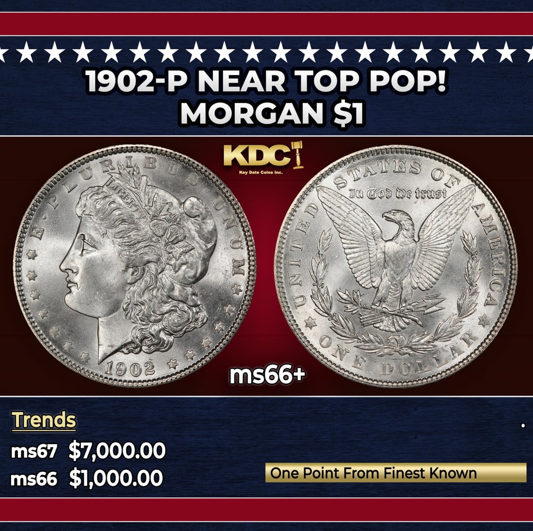 1902-p Morgan Dollar Near Top Pop! $1 ms66+ SEGS: 1902-p Near Top Pop! Morgan Dollar $1 ms66+ SEGS. Historic precious metal trends is causing increased spot pricing by the day. On auctions with set openings, we are doing our best to have items priced
