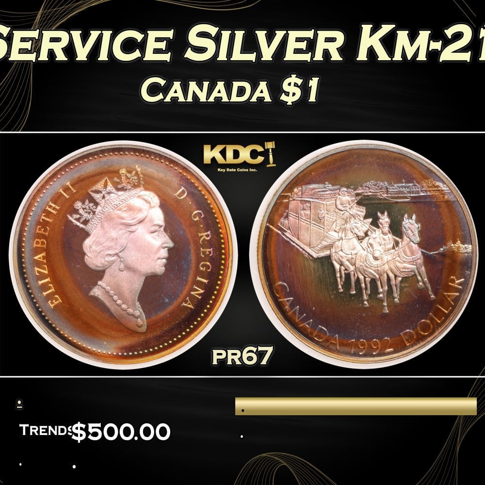 1992 Stagecoach Service Silver Km-210 Proof Canada $1 Rainbow Toned pr67 PCI: 1992 Stagecoach Service Silver Km-210 Rainbow Toned Canada $1 pr67 PCI. 0 Historic precious metal trends is causing increased spot pricing by the day. On auctions with set openings, we are doing our b