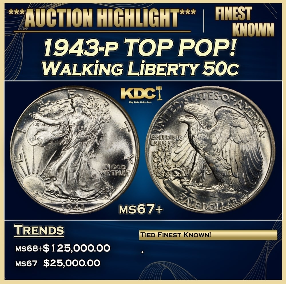 1943-p Walking Liberty Half Dollar TOP POP! 50c ms67+ SEGS: 1943-p TOP POP! Walking Liberty Half Dollar 50c ms67+ SEGS. Historic precious metal trends is causing increased spot pricing by the day. On auctions with set openings, we are doing our best to have it