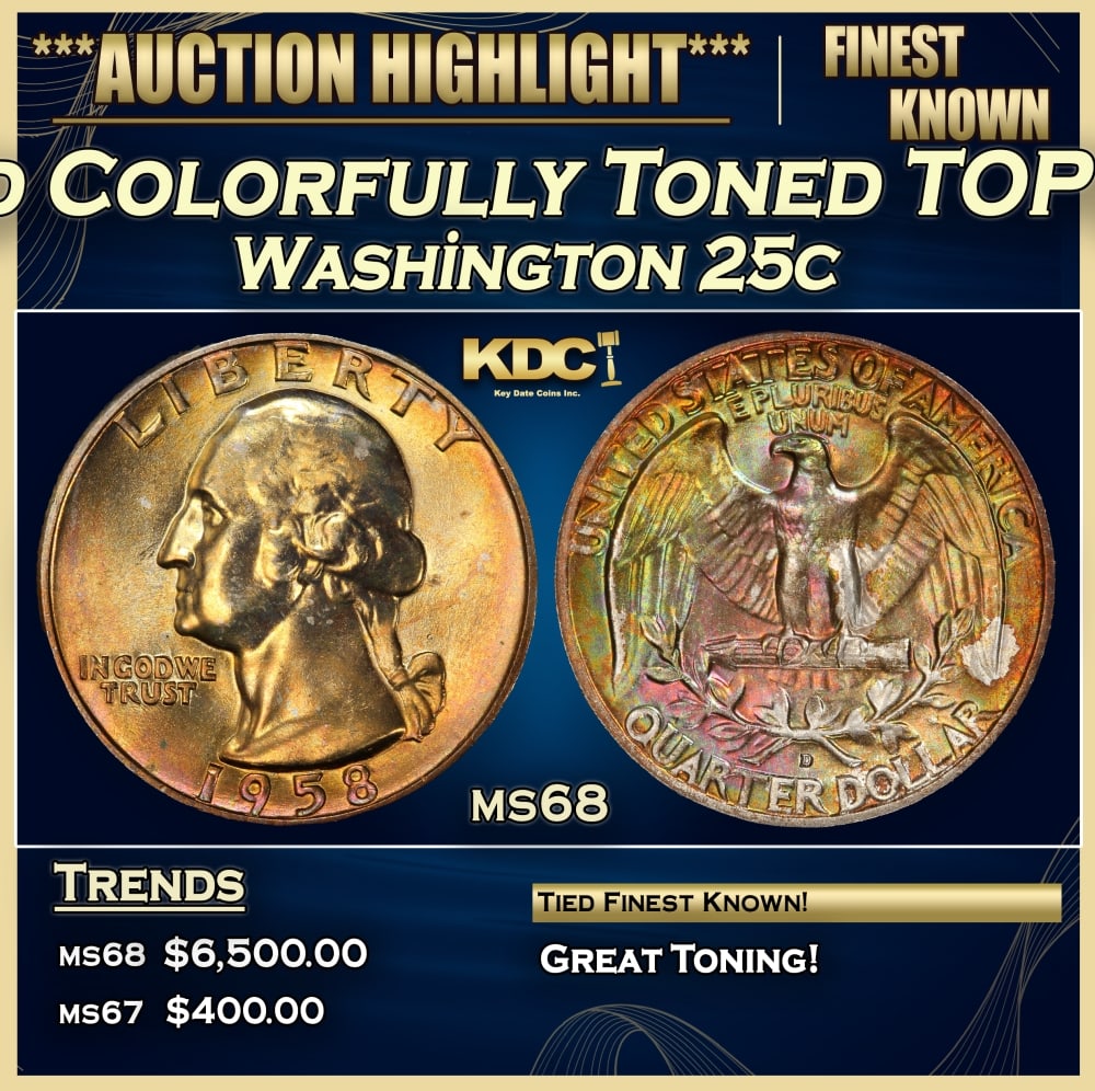 1958-d Washington Quarter Colorfully Toned TOP POP! 25c ms68 SEGS: 1958-d Colorfully Toned TOP POP! Washington Quarter 25c ms68 SEGS. 0 Historic precious metal trends is causing increased spot pricing by the day. On auctions with set openings, we are doing our best t