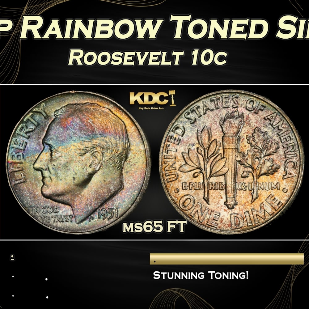 PCGS 1951-p Roosevelt Dime Rainbow Toned Silver 10c ms65 FT PCGS: PCGS 1951-p Rainbow Toned Silver Roosevelt Dime 10c ms65 FT PCGS. 0 Historic precious metal trends is causing increased spot pricing by the day. On auctions with set openings, we are doing our best to