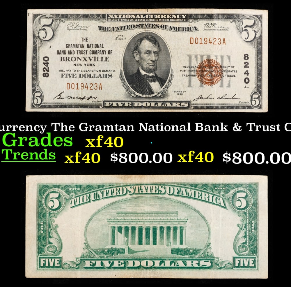 1929 $5 National Currency The Gramtan National Bank & Trust CO. Of Bronxville, NY Grades xf: 1929 $5 National Currency The Gramtan National Bank & Trust CO. Of Bronxville, NY Grades xf. Series of 1929 national bank notes come in two varieties. Collectors call these type 1 and type 2 varieties