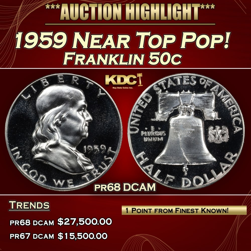 1959 Proof Franklin Half Dollar Near Top Pop! 50c pr68 DCAM SEGS: 1959 Near Top Pop! Franklin Half Dollar 50c pr68 DCAM SEGS. Historic precious metal trends is causing increased spot pricing by the day. On auctions with set openings, we are doing our best to have it