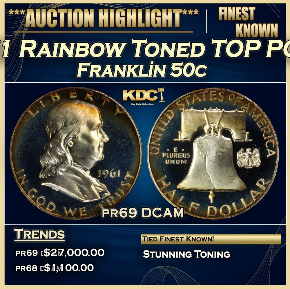 1961 Proof Franklin Half Dollar Rainbow Toned TOP POP! 50c pr69 DCAM SEGS: 1961 Rainbow Toned TOP POP! Franklin Half Dollar 50c pr69 DCAM SEGS. A Key Date's Pick, Bid to Win, Don't let it get Away, you might not find its equal Coin. I give this coin my highest recommendation