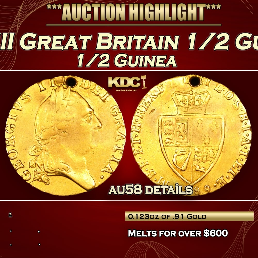 1789 King George III Great Britain 1/2 Guinea Gold KN-608 au58 details SEGS: 1789 King George III Great Britain 1/2 Guinea Gold KN-608 au58 details SEGS. 0 Historic precious metal trends is causing increased spot pricing by the day. On auctions with set openings, we are doing