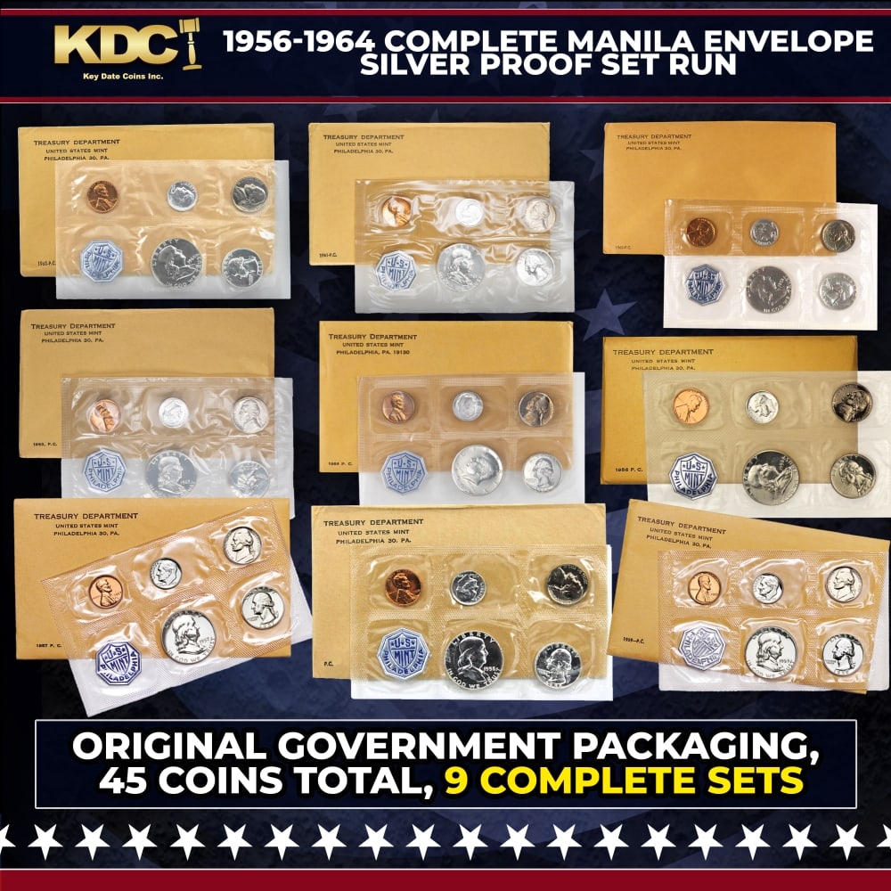 1956-1964 Complete manila Envelope Silver Proof Set Run 9 Sets, 45 Coins: 1956-1964 Complete manila Envelope Silver Proof Set Run 9 Sets, 45 Coins. 0 Historic precious metal trends is causing increased spot pricing by the day. On auctions with set openings, we are doing our